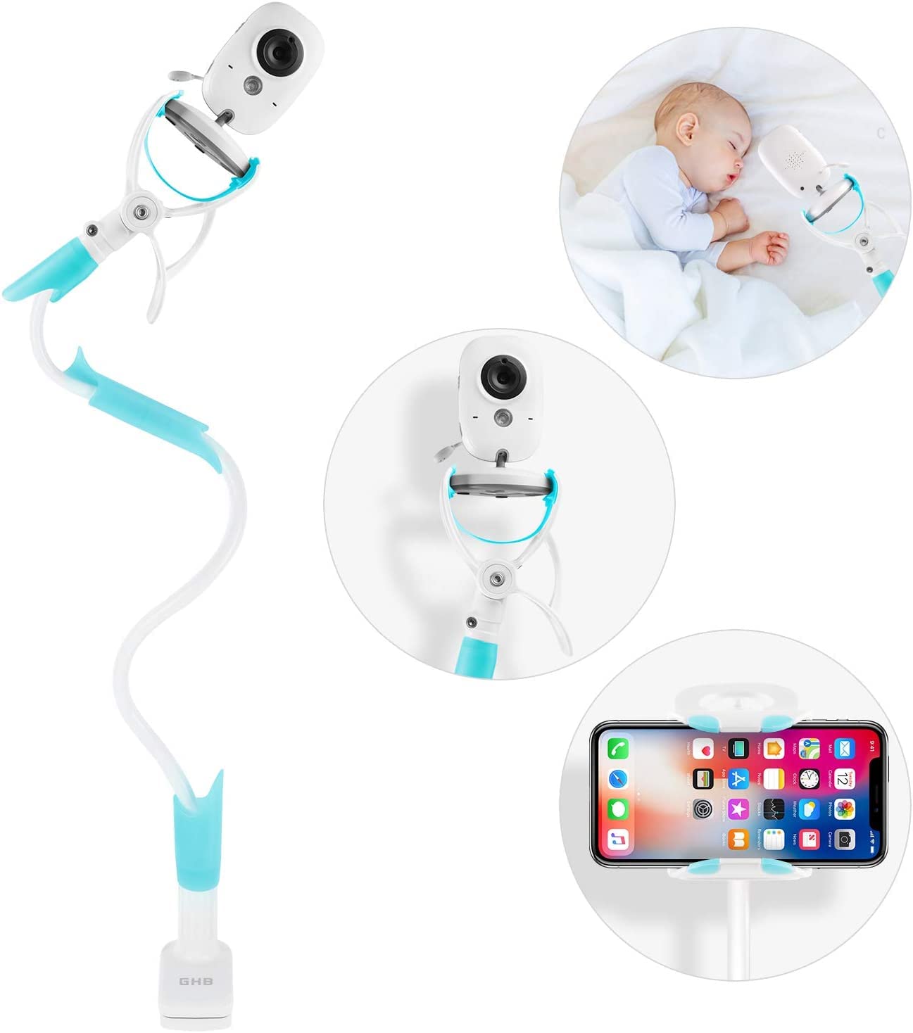 GHB Soporte para Camara Vigilancie Bebe Soporte Universal con Palo Rotación Flexible de 360° para Fijar la Cámara de Bebe