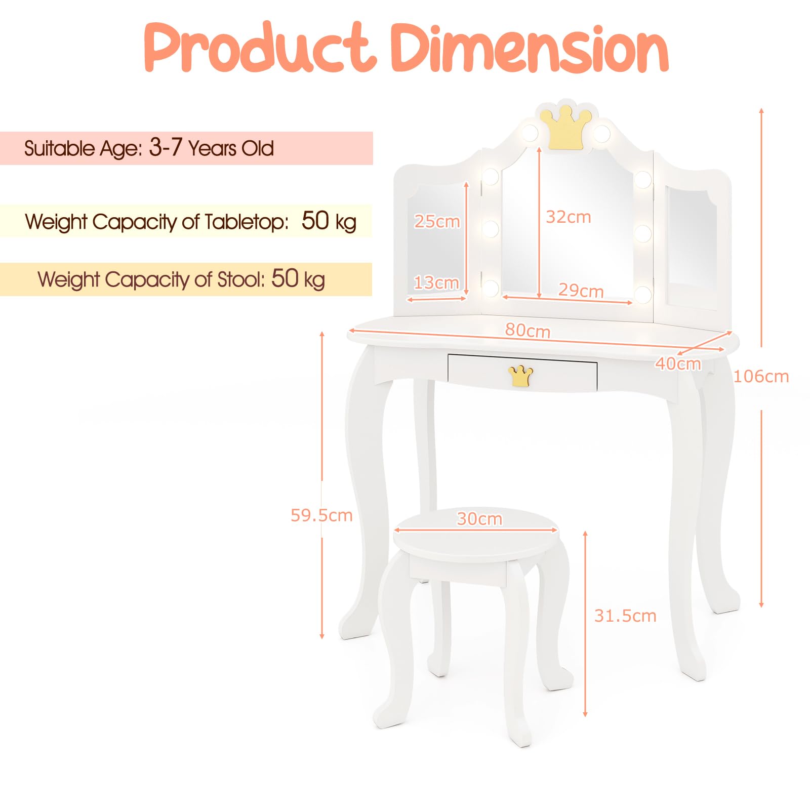 LIFEZEAL Juego de tocador Infantil, Mesa de Maquillaje con Taburete para niña, tocador con 8 Bombillas y Espejo Plegable, Set de Mesa y Silla con cajón
