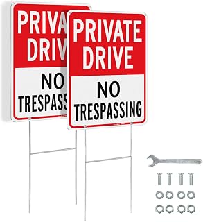 GicnKeuz Private Drive No Trespassing Signs with metal stake, 14 x 10 Inches Reflective Aluminum Signs, Fade Resistant/Waterproof, Easy to Install, Outdoor Use (2 - Pack)