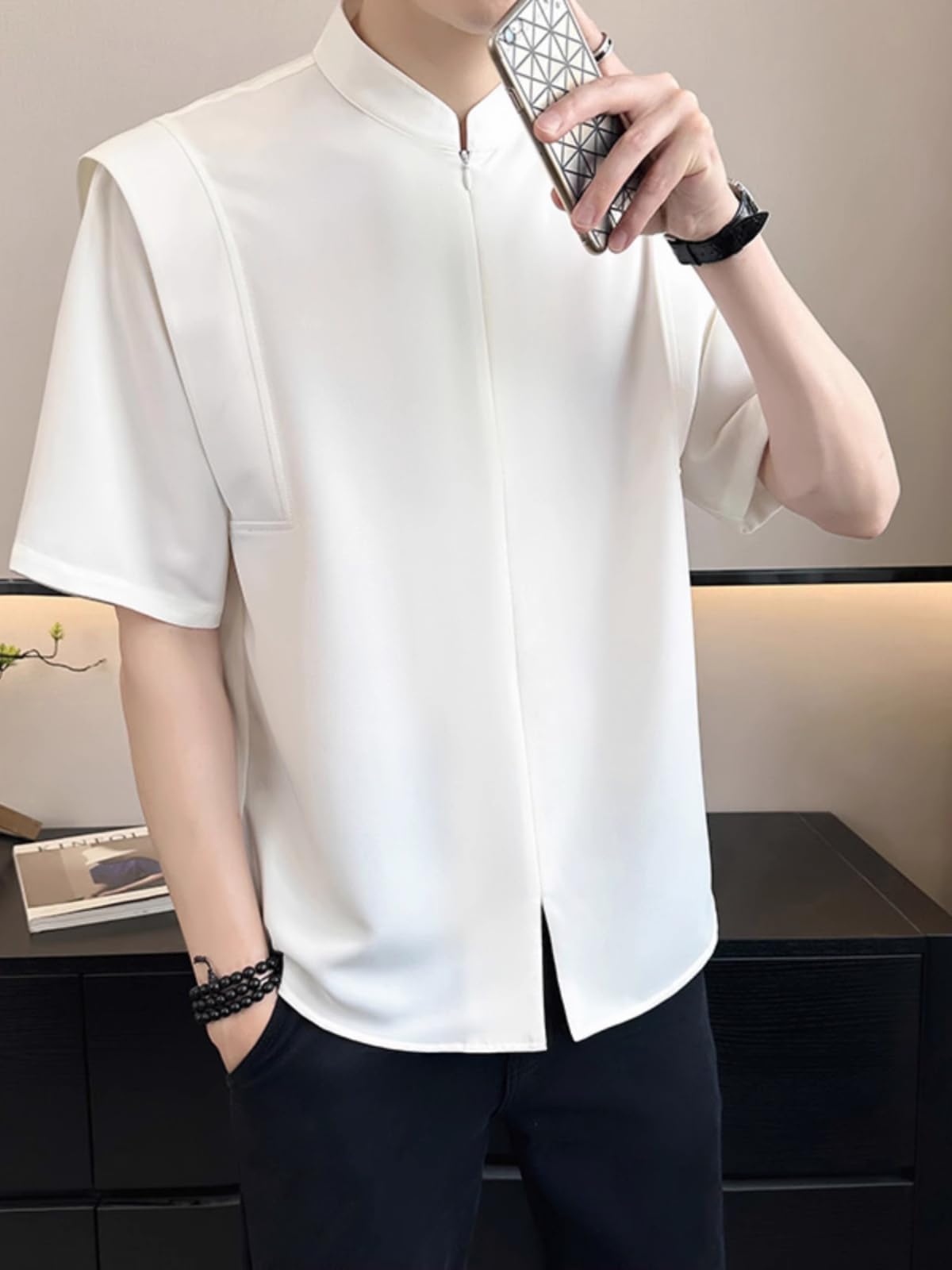 GUOYUXIAO Männer-Sommer-EIS-Silkwolle-Standkragen-Hemd.