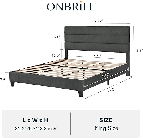 Miniatura 2 de ONBRILL Base de cama de tamaño matrimonial con cabecera tapizada de tela soporte de listones de madera resistente base de colchón tapizada no