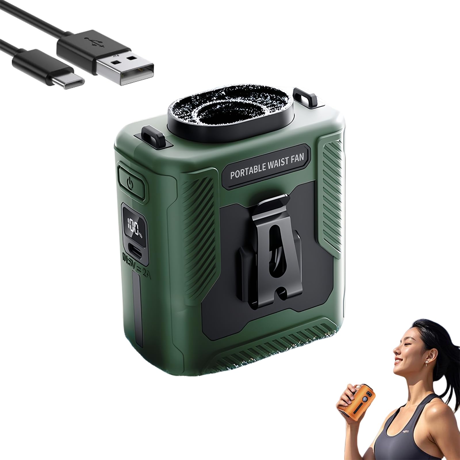 Chubby Cable Fan – 2025 New Chubby Cool Belt Fans, 6000mah Portable Fan Belt, Rechargeable Wearable Cooler with Flashlight, For Worksites, Hiking & Camping (Green)