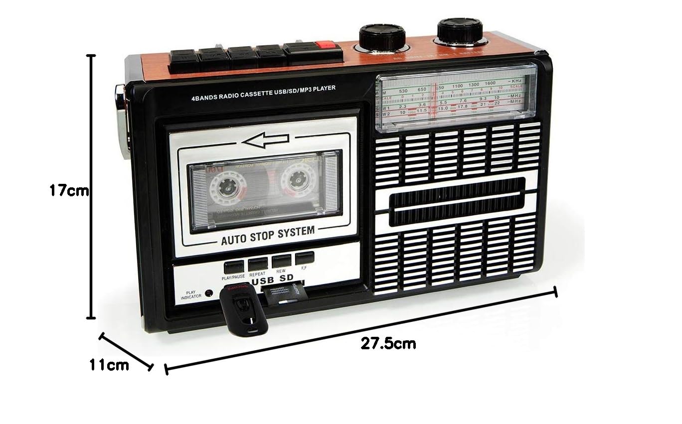 Ricatech PR85 – Lecteur de cassettes et enregistreur des années 80, Radio AM/FM/SW, USB, Port de carte SD, Microphone intégré, Arrêt automatique, Poids léger, haut-parleurs intégrés de 8 watts