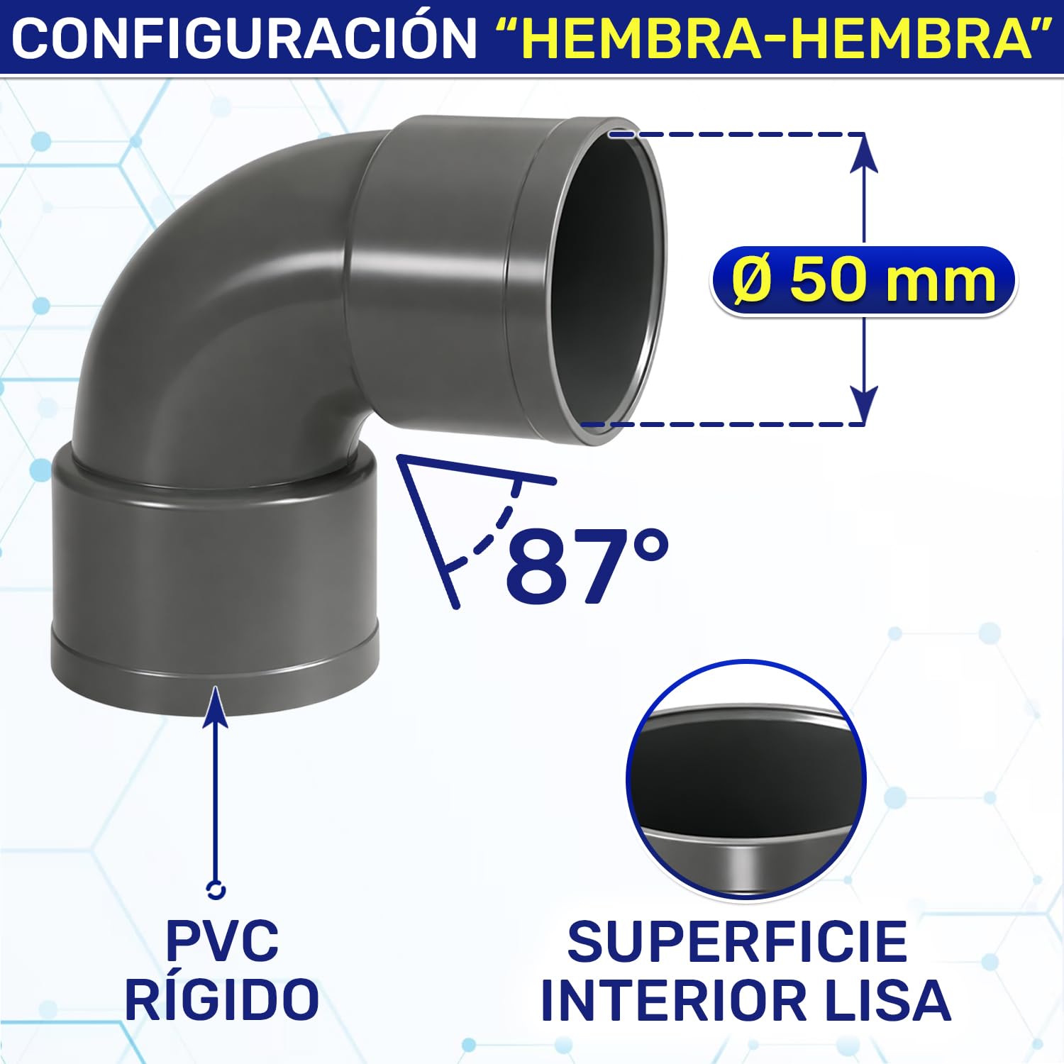 Curva PVC 87° Ø 50mm para Montaje de Tuberías de Alcantarillado Drenaje Técnicas - Codo de PVC Tiene Configuración “Hembra-Hembra” - Garantía de 10 Años - MONTERAL