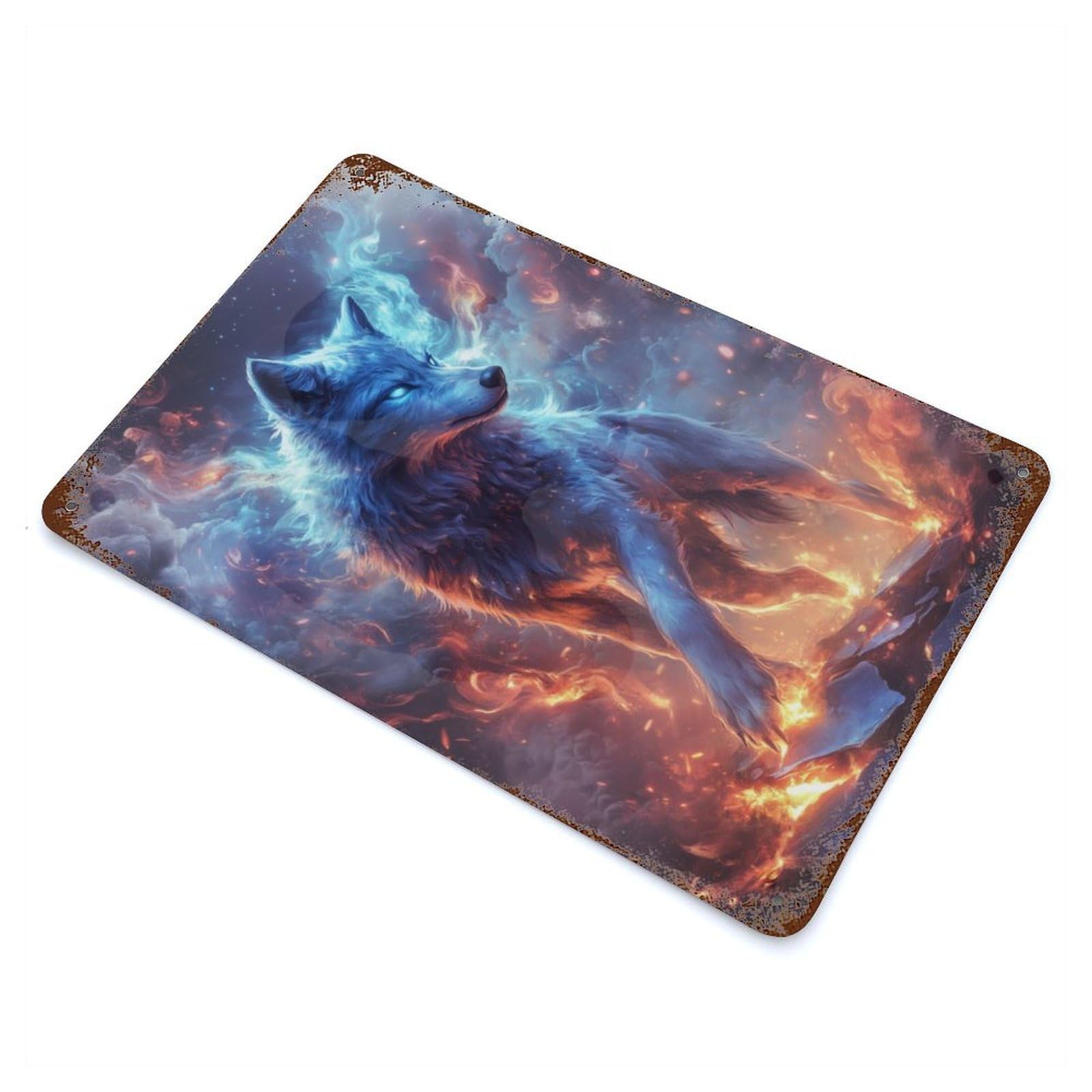 Aged Metal Wall Plaque with Fiery Wolf Design 11.8"x7.9", for Basement, Hobby Room And Garage Decor, Farmhouse Wall Decor