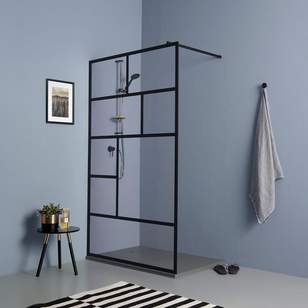 Kiamami Valentina - Parete Doccia Walk In Da 140Cm Trasparente Con Decorazione Nero Opaco