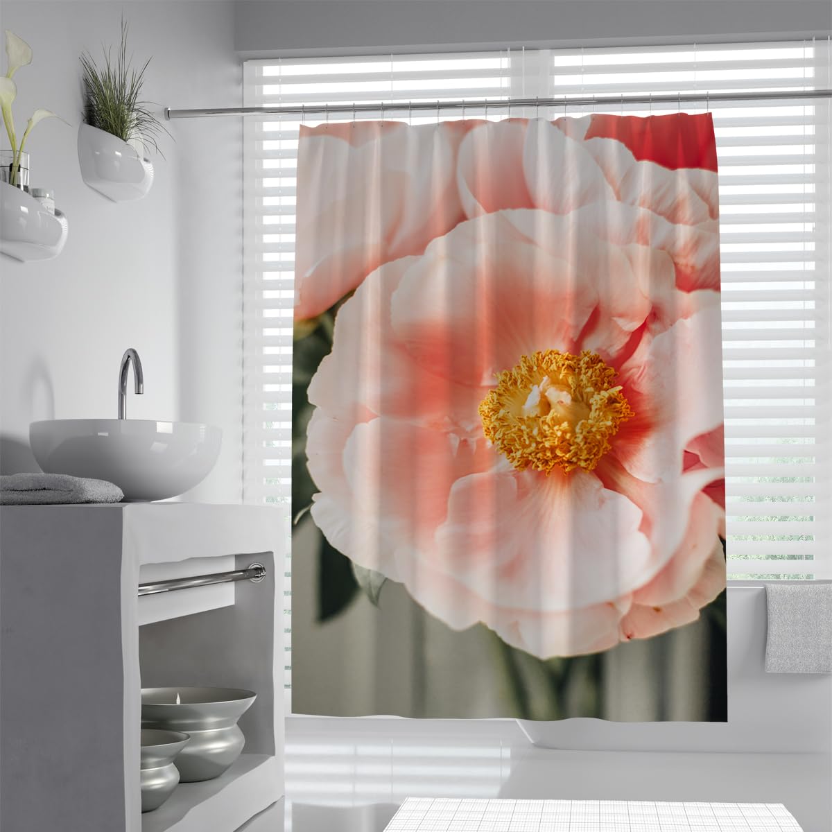 UIRINGART Giant Pink Poppy Shower Curtain W100xL200cm Vintage Peach Flower Blossom Waterproof Anti Mould Bathroom Enclosure with Hooks