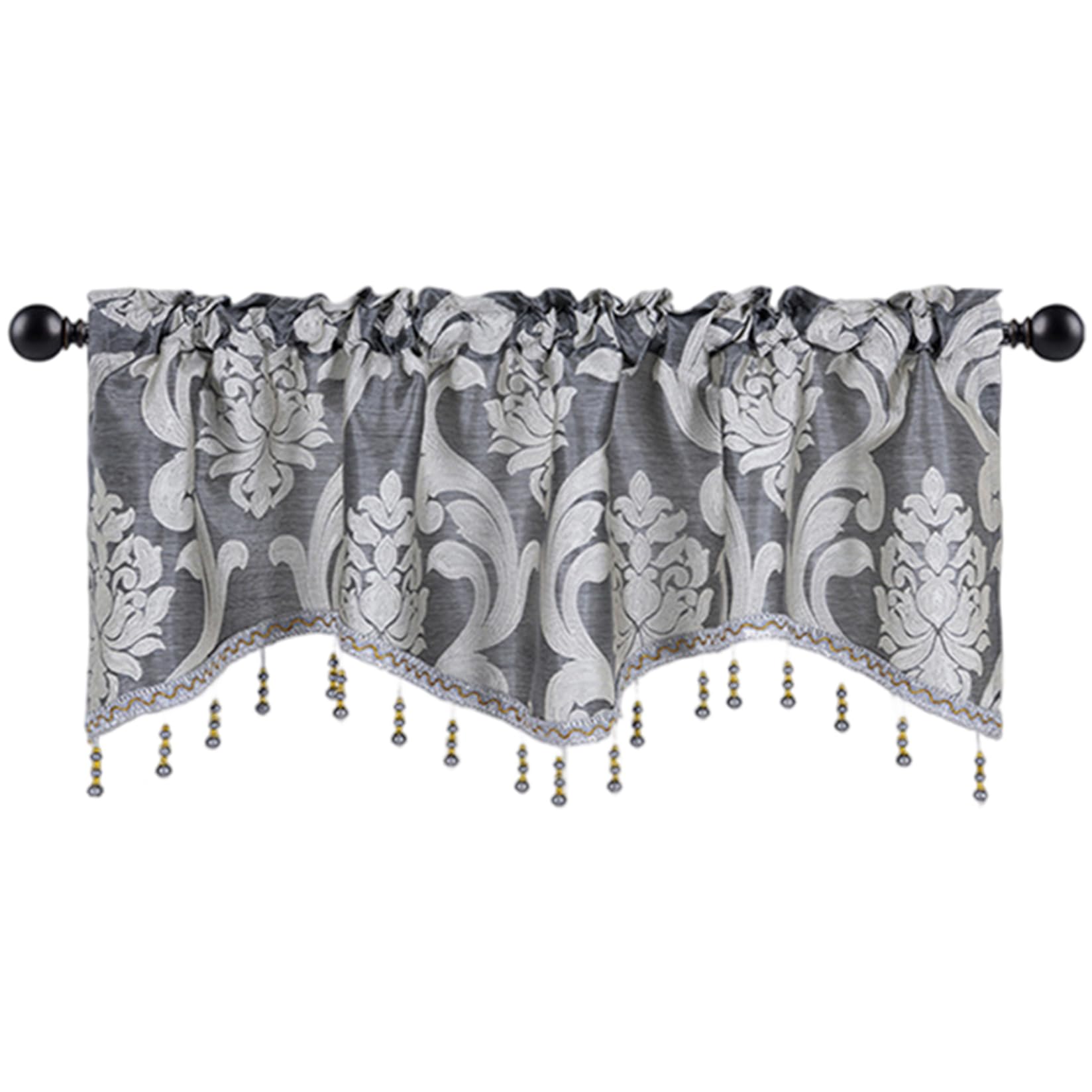 Pesoncarl Scalloped Valances for Windows 52x18 Inch Jacquard Window Valance with Tassel Rod Pocket Scalloped Curtains for Living Room Kitchen, Grey for Party.