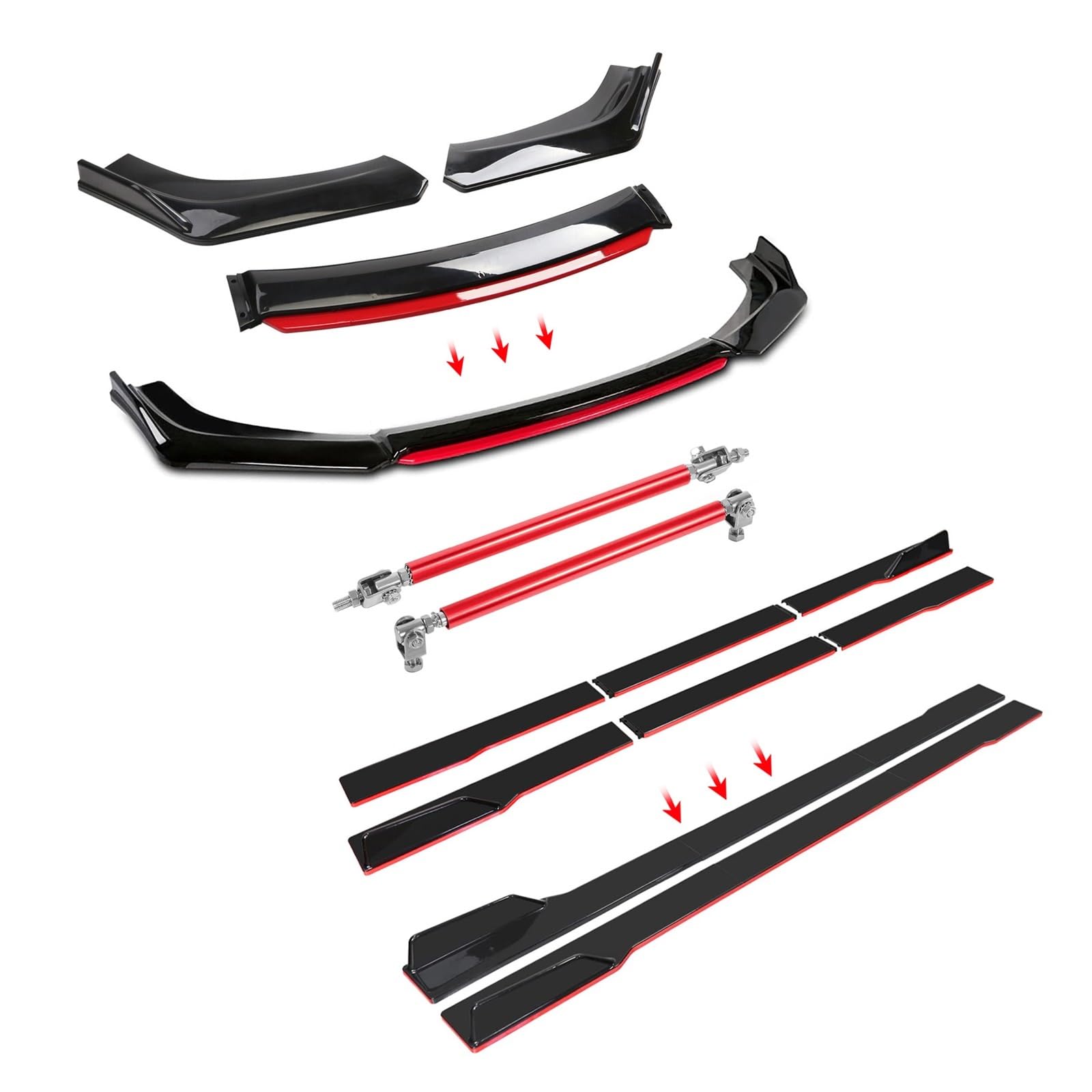 Kit Universel De Carrosserie Lèvre Pare-Chocs Avant Voiture + Séparateur Becquet Jupe Latérale 2M + Tiges Jambe Force 20CM Protection Jupe latérale de Style carrosserie
