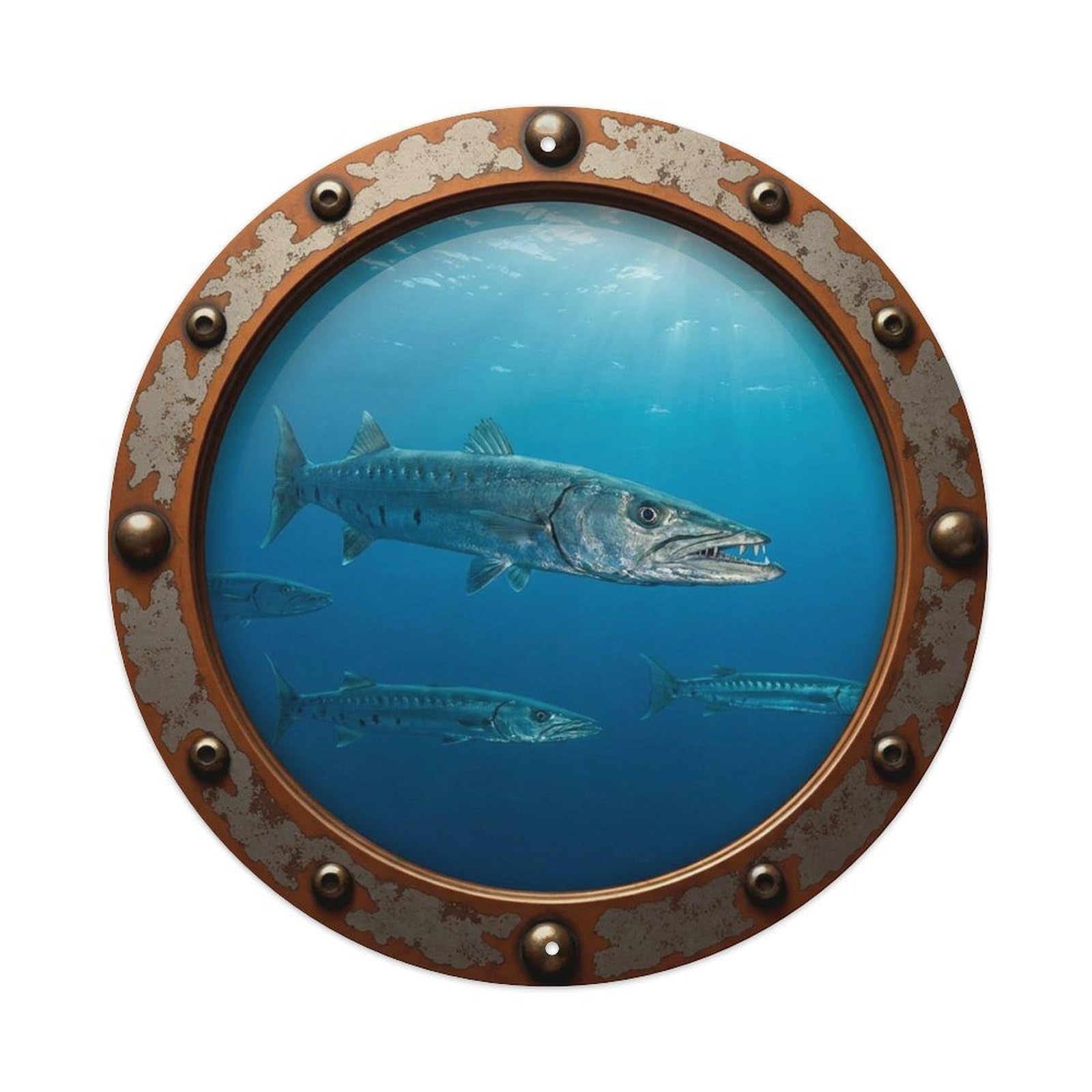 Vintage Porthole Barracuda Fish Nautical Window View Vintage Metal Tin Sign Plaque Wall Decor for Cafe, Club Bar, Office, Garden Metal Poster 8x8Inch