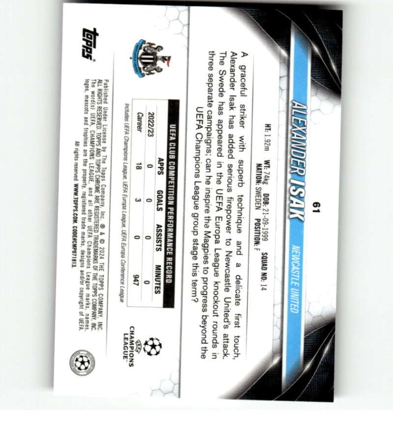 Amazon.com: 2023-24 Topps Chrome UEFA #61 Alexander Isak Newcastle