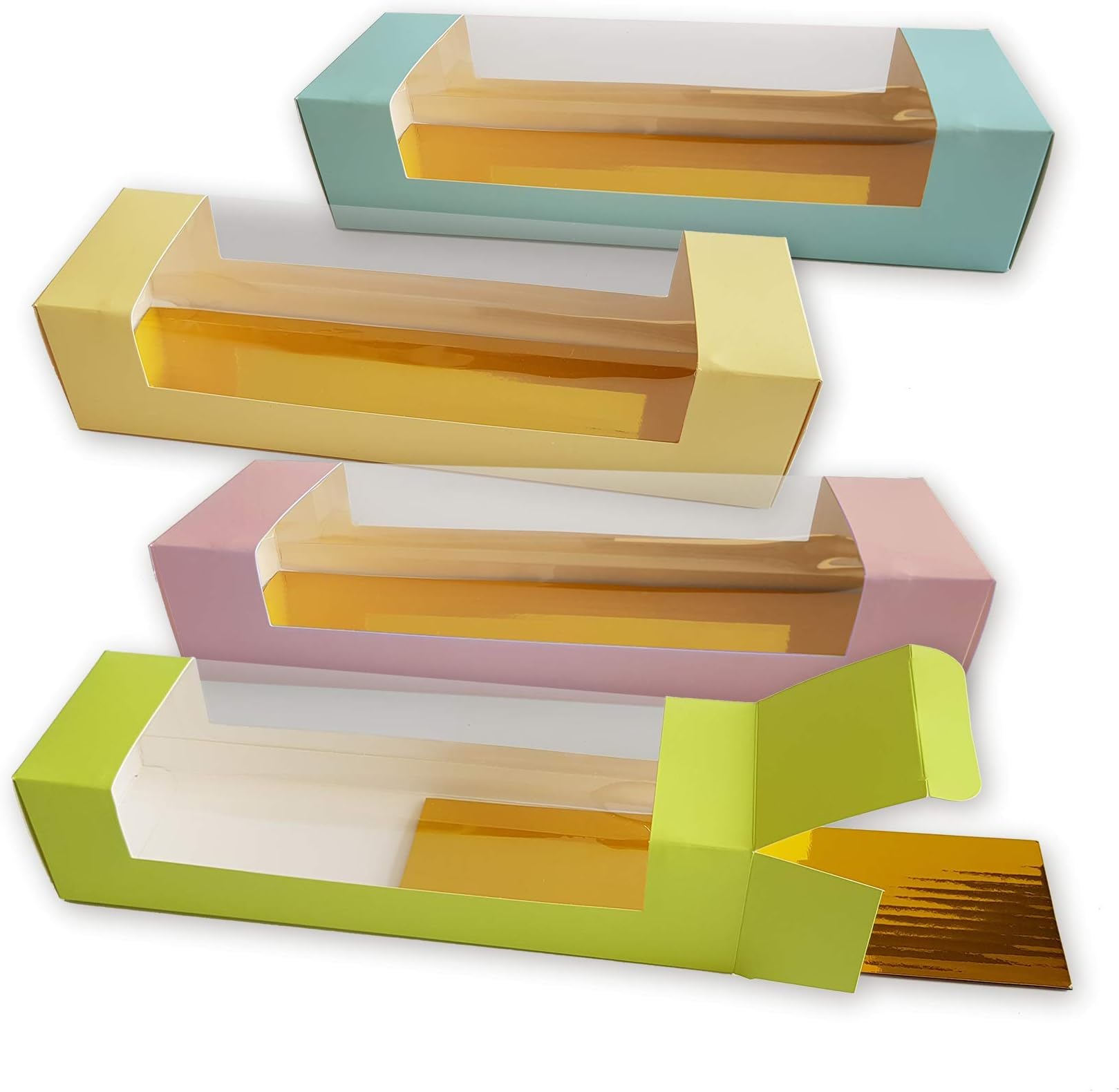 Cookeezz Couture - Colored Window Cake Box 12 x 3.75 x 2.75 Inch boxes Auto Popup Great for Bakery , Cakes , Cupcake - Assorted 12 Pack Boxes in 4 pastel colors also INCLUDED with 12 Cake Boards