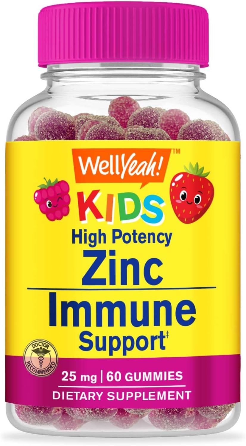 WellYeah Zinc for Kids 25mg Gummies - Immune System and Antioxidant Support - Skin Health, Maximum Strength Children Zinc Supplement Immune Booster Gummy - GMO-Free, Vegan - 60 Gummies (1)