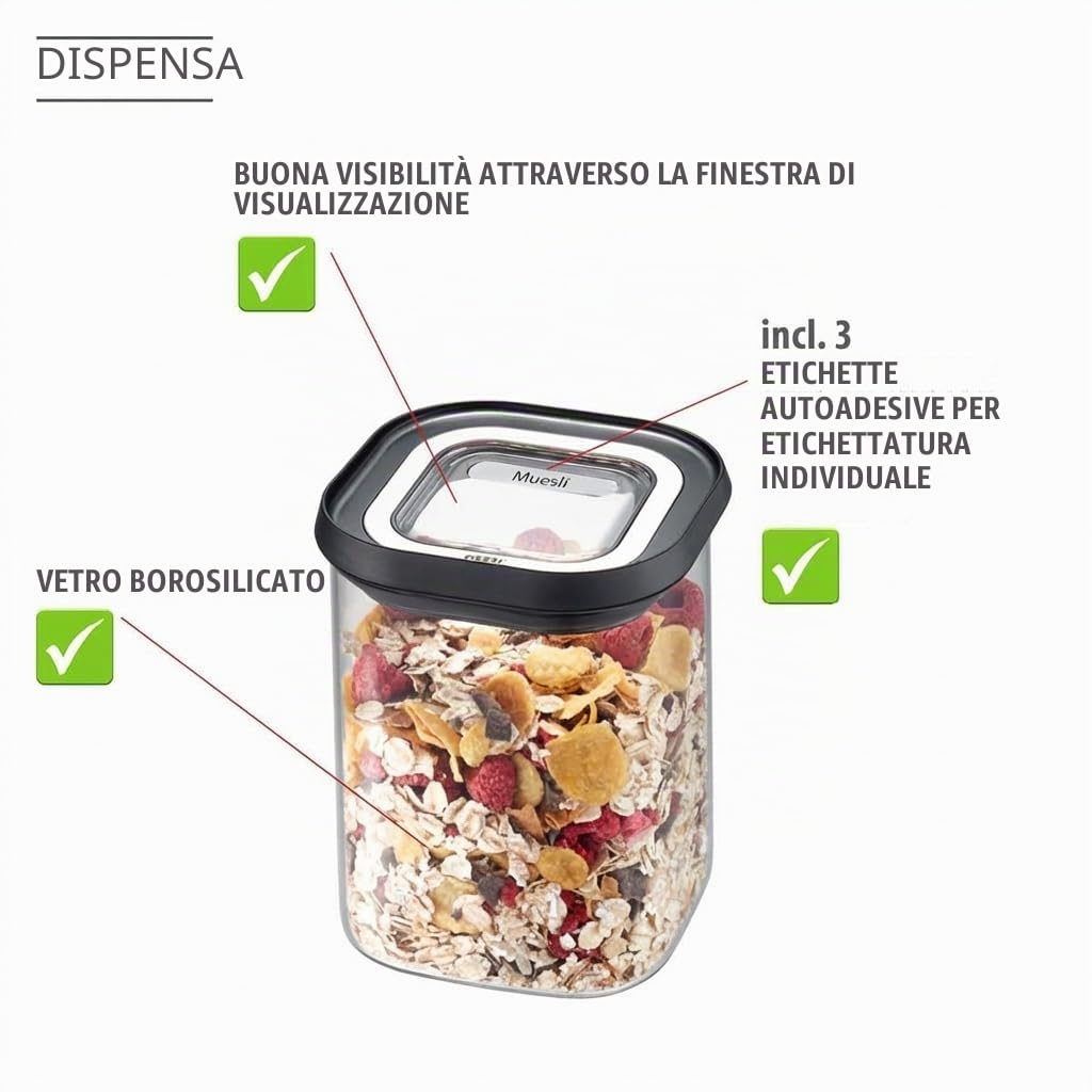GEFU Set di contenitori PANTRY – Coperchio ermetico per alimenti, contenitori in vetro, lavabili in lavastoviglie, 4 pezzi