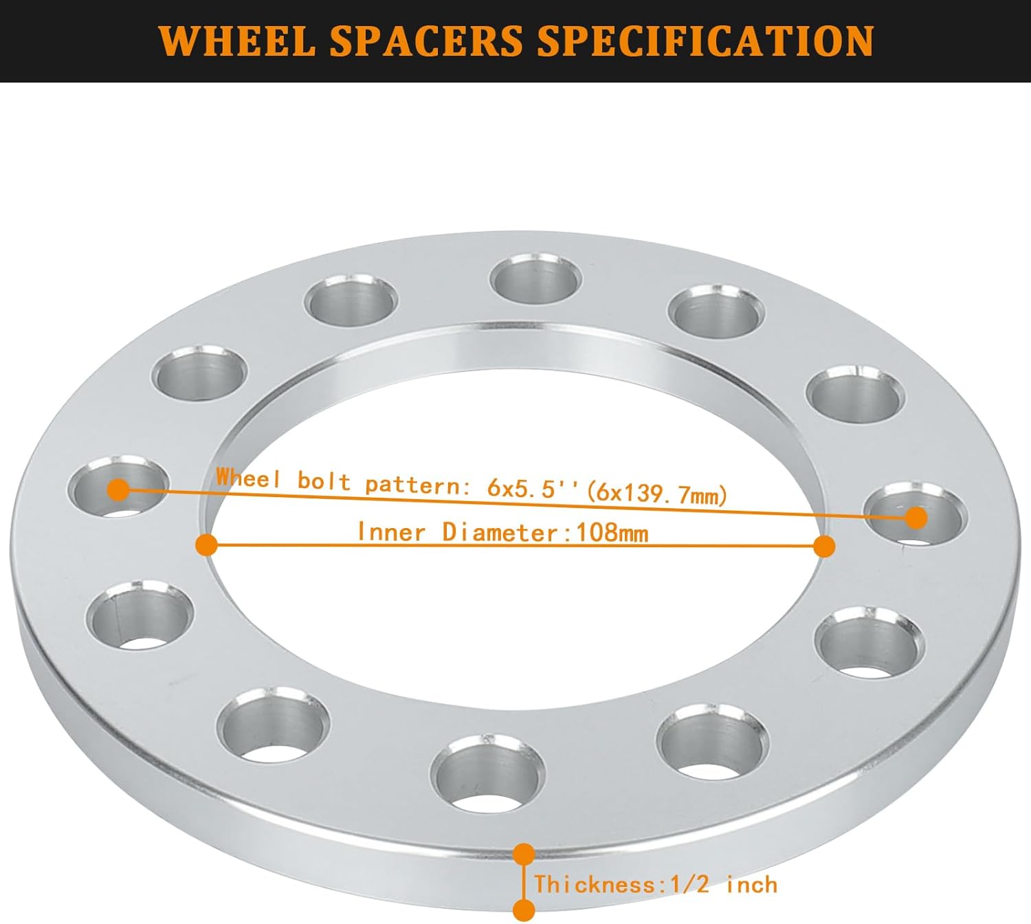 1/2" (12mm) 6x5.5 to 6x5.5 4PCS Wheel Spacers 108mm Inner Diameter for Chevy Silverado Avalanche Suburban Tahoe for GMC Sierra Savana Yukon for Cadillac Escalade