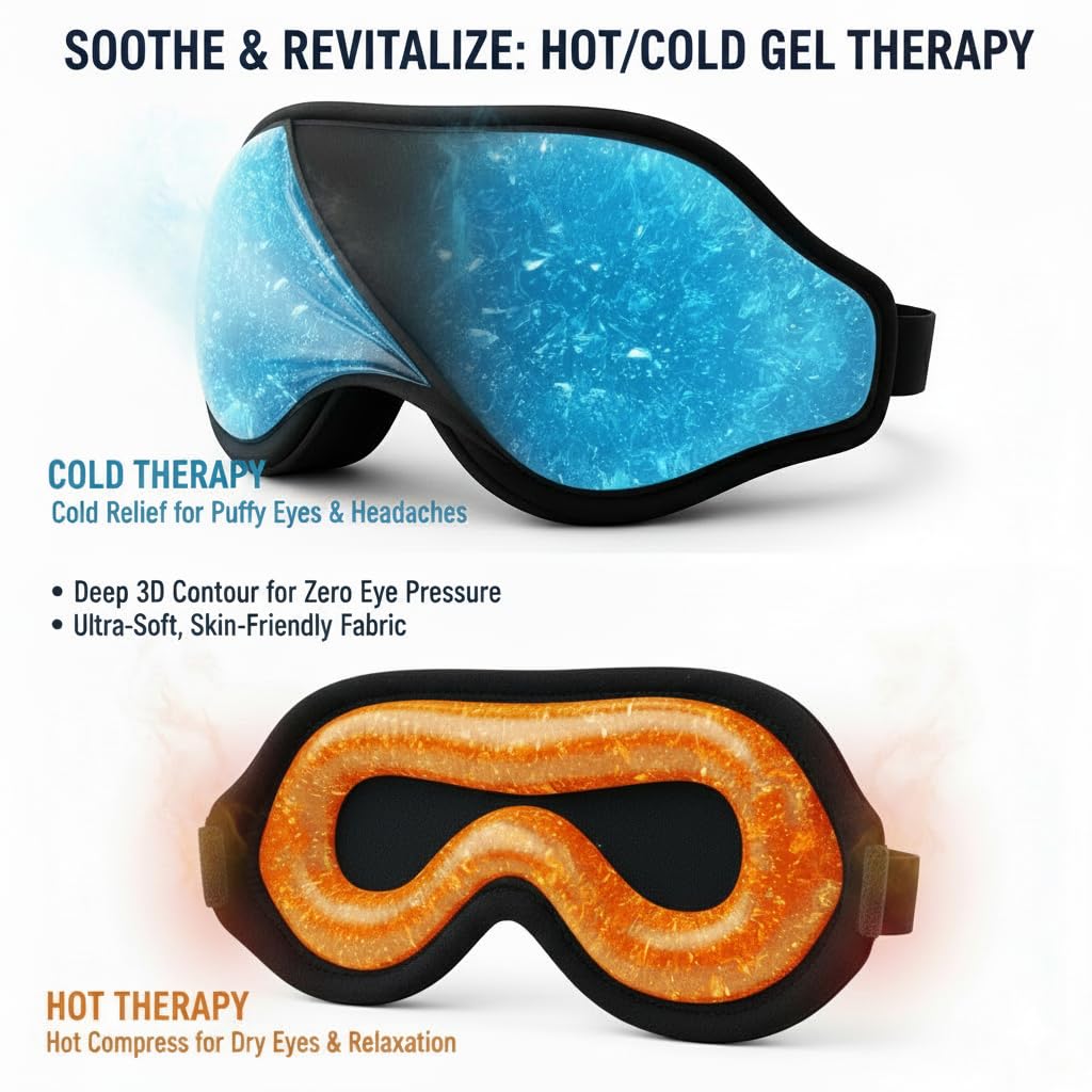 Masque de Sommeil 3D Zéro Pression avec Gel Rafraîchissant, Masque de Nuit Refroidissant, Noir et Bleu