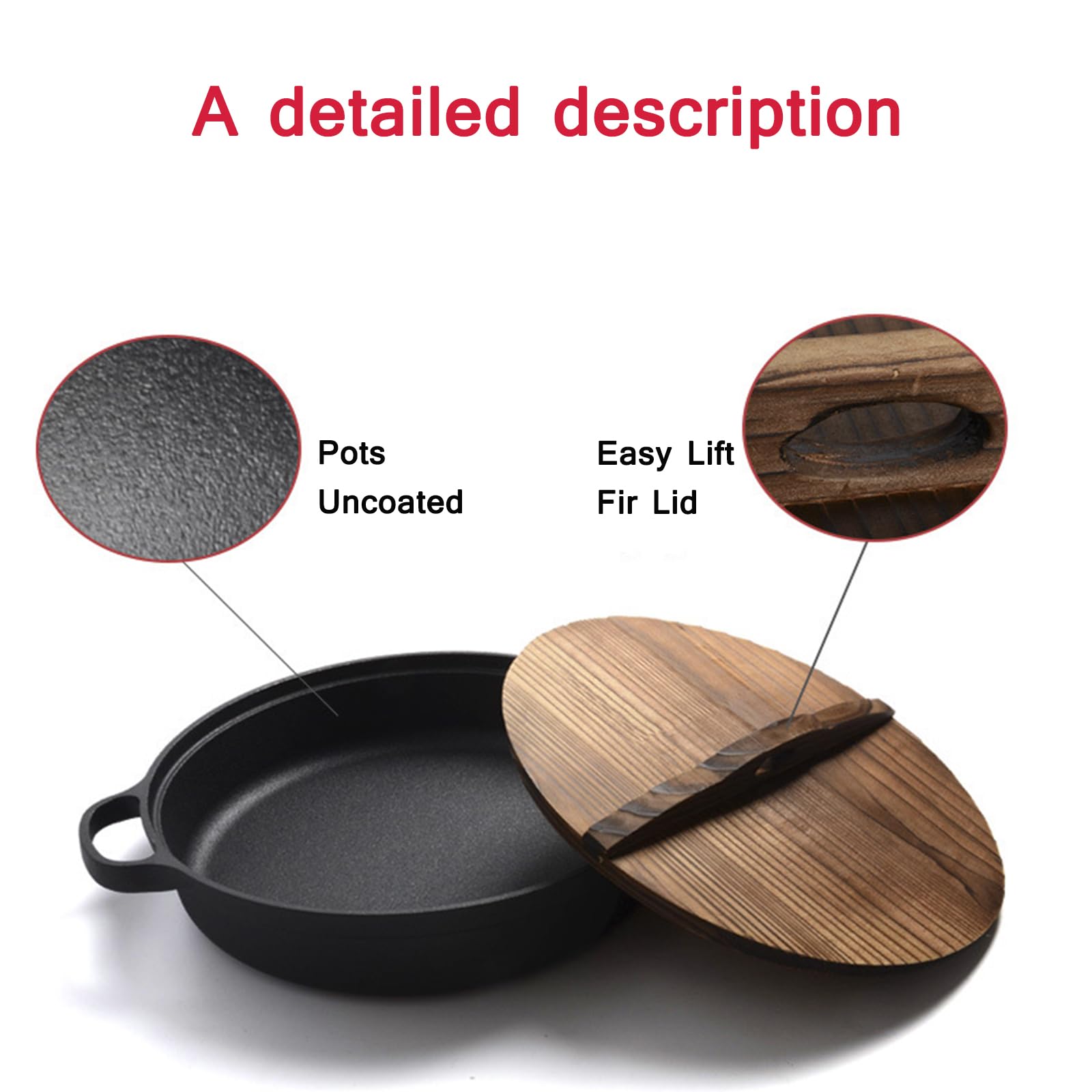 SVRITE Patelnia wok żeliwna 25/28/30/33/35 cm z płaskim dnem z drewnianym uchwytem i pokrywką, nieprzywierająca powierzchnia do smażenia, smażenia, grillowania, nadaje się na kuchenkę i piekarnik (25