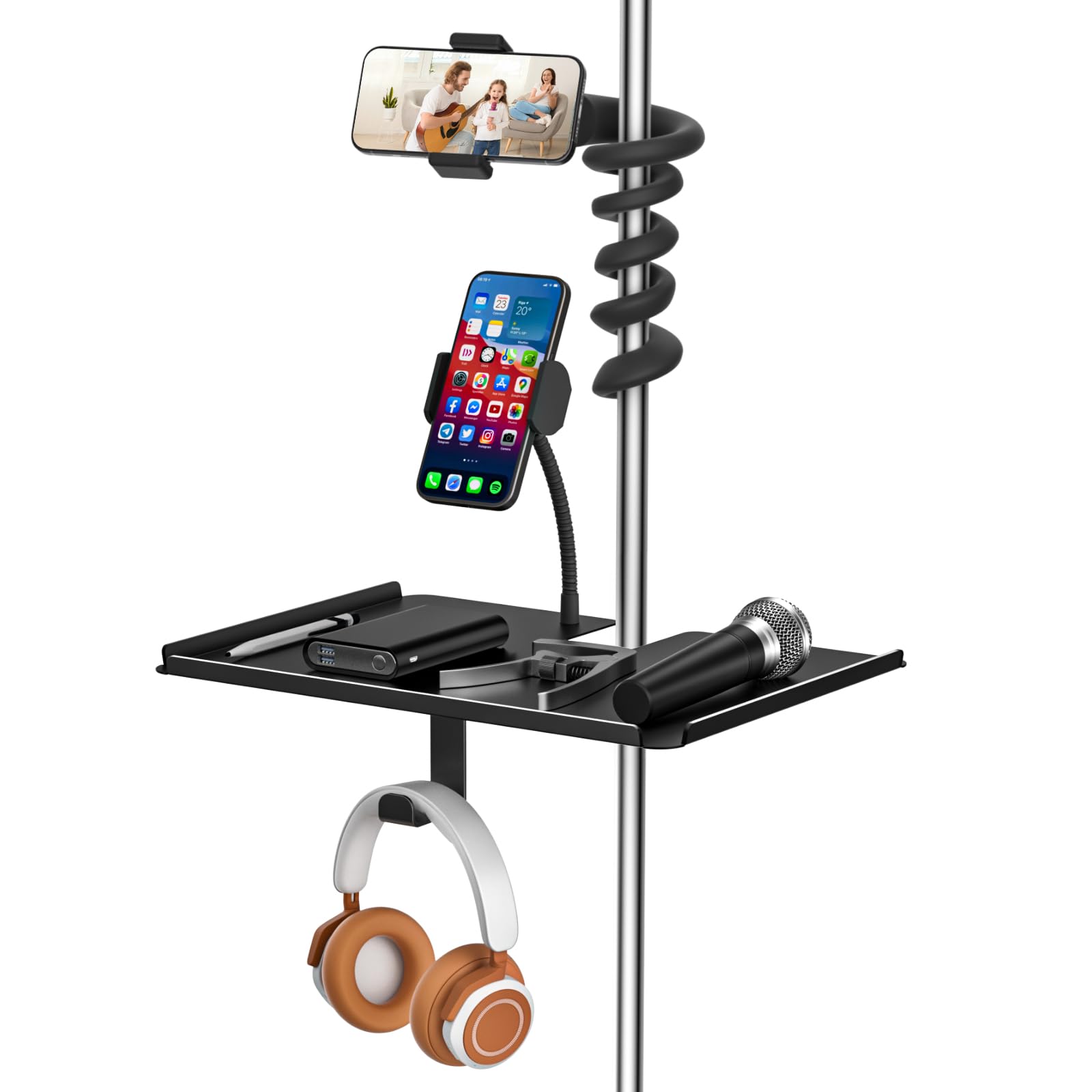 Multi-Functional Metal Microphone Stand Tray Shelf with Universal Mic Stand Phone Holder for Microphone Stand Fits for 3.5"-7.5" Smartphones, Music Stand Tray for Music Sheet, Live Streaming
