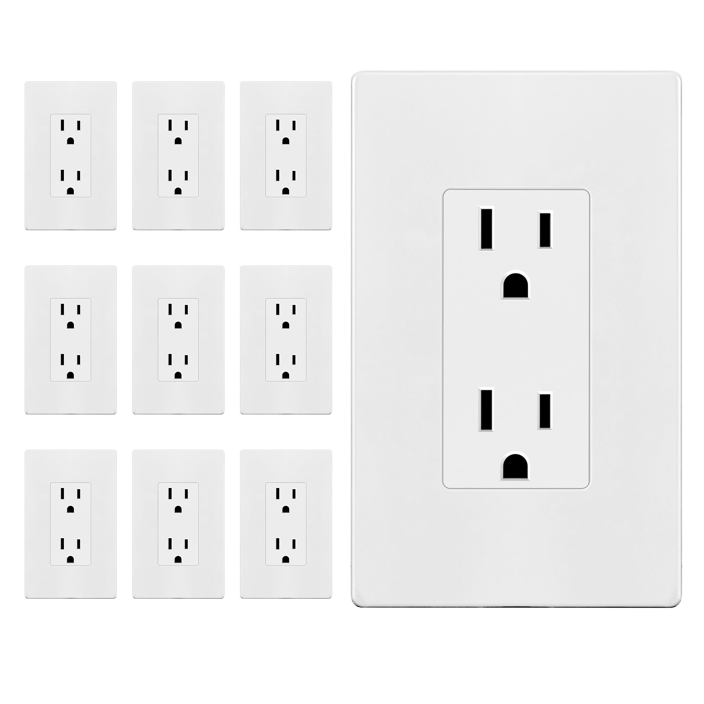 ENERLITES White Decorator Receptacle with Screwless Wall Plate, Standard Electrical Wall Outlet, 15A 125V, Self-Grounding, 2-Pole, 3-Wire, 5-15R, UL Listed, 61502-WSID, 10 Pack, Non Tamper Resistant