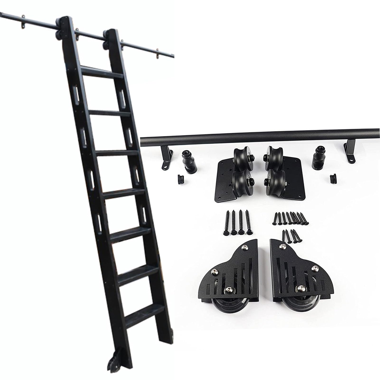 Sliding Ladder Track Kit Rolling Library Ladder Hardware Kit | Home Office Warehouse Mobile Ladder Track(No Ladder)Round Tube Extention Rail + Floor Roller Wheels(Size:6.6ft/200cm Track Kit)