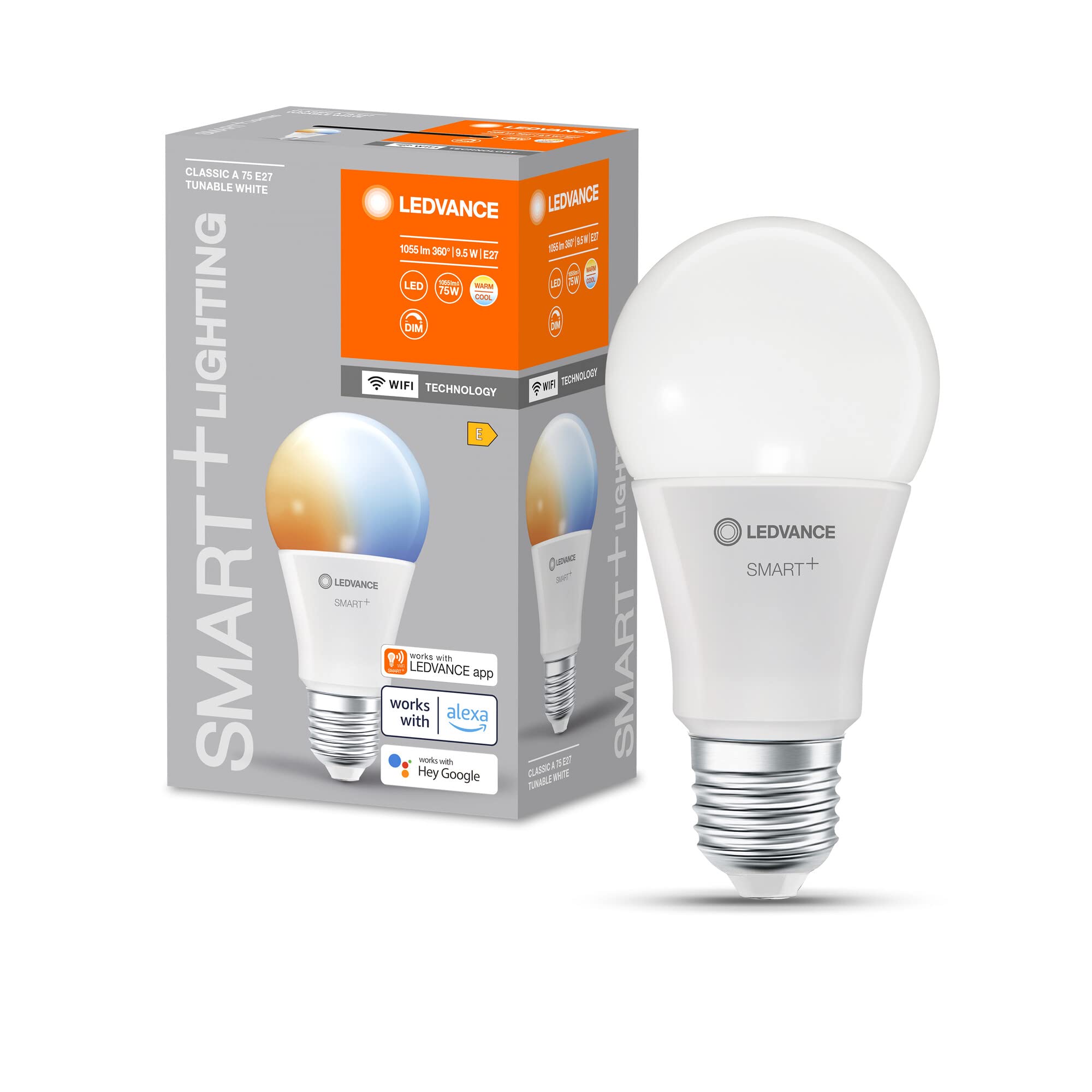 LEDVANCE Lampada LED SMART+ WIFI, smerigliata, 9,5W, 1055lm, forma classica a goccia con E27, luce bianca regolabile, dimmerabile, app o controllo vocale, durata fino a 20.000HR, confezione da 4