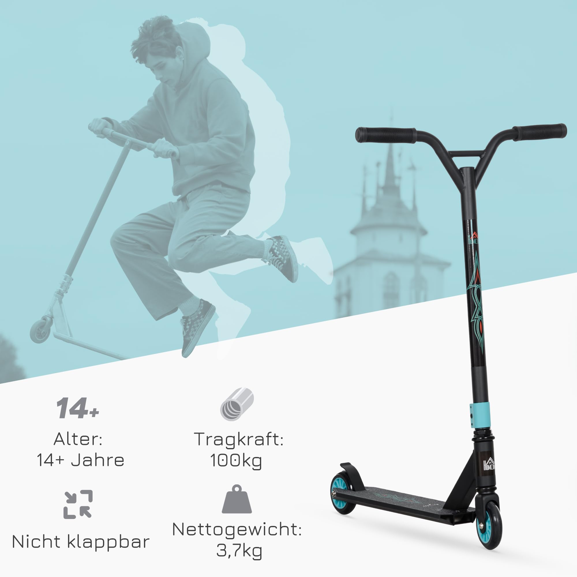 HOMCOM Patinete de acrobacias con rodamientos ABEC 9, con ruedas de piel sintética de 100 mm, para niños a partir de 14 años