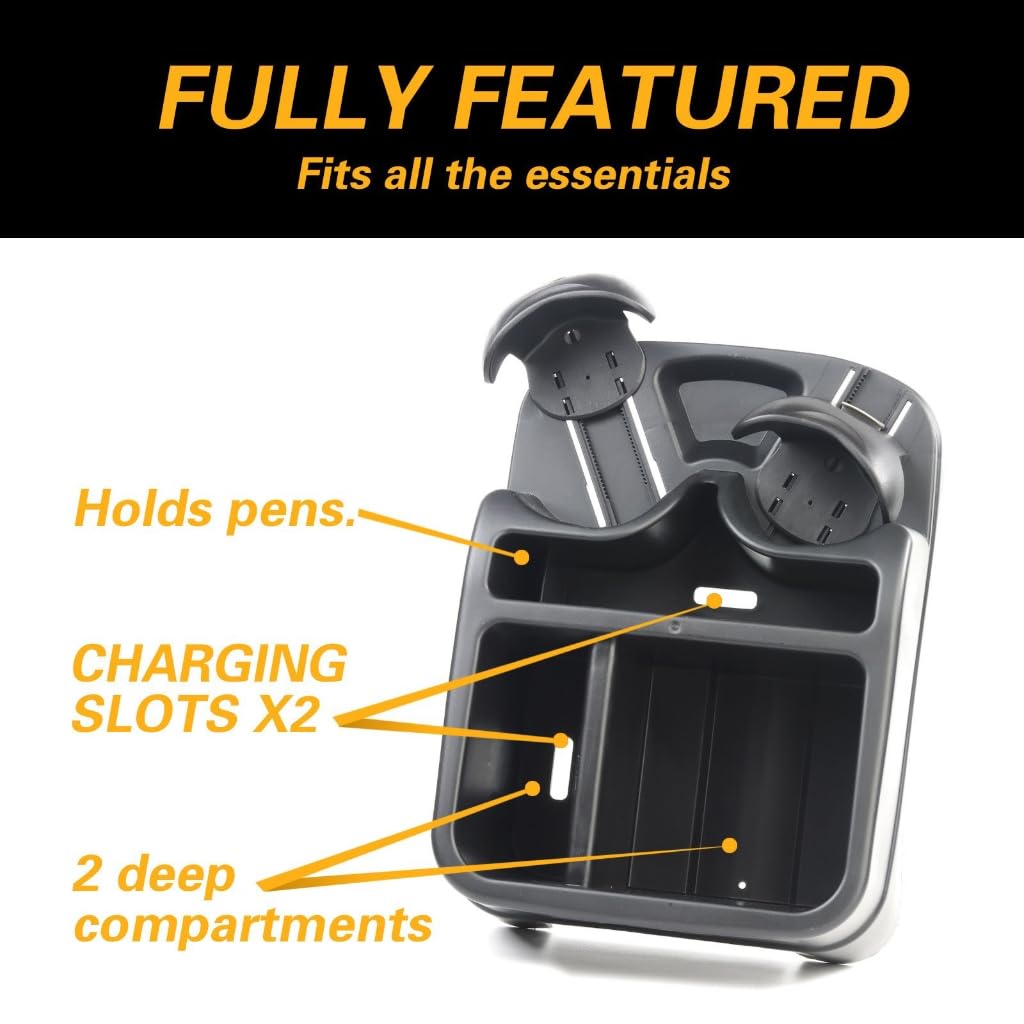 Organizador de asiento trasero de coche con soporte para tazas, soporte para tableta, bandeja de almacenamiento automático