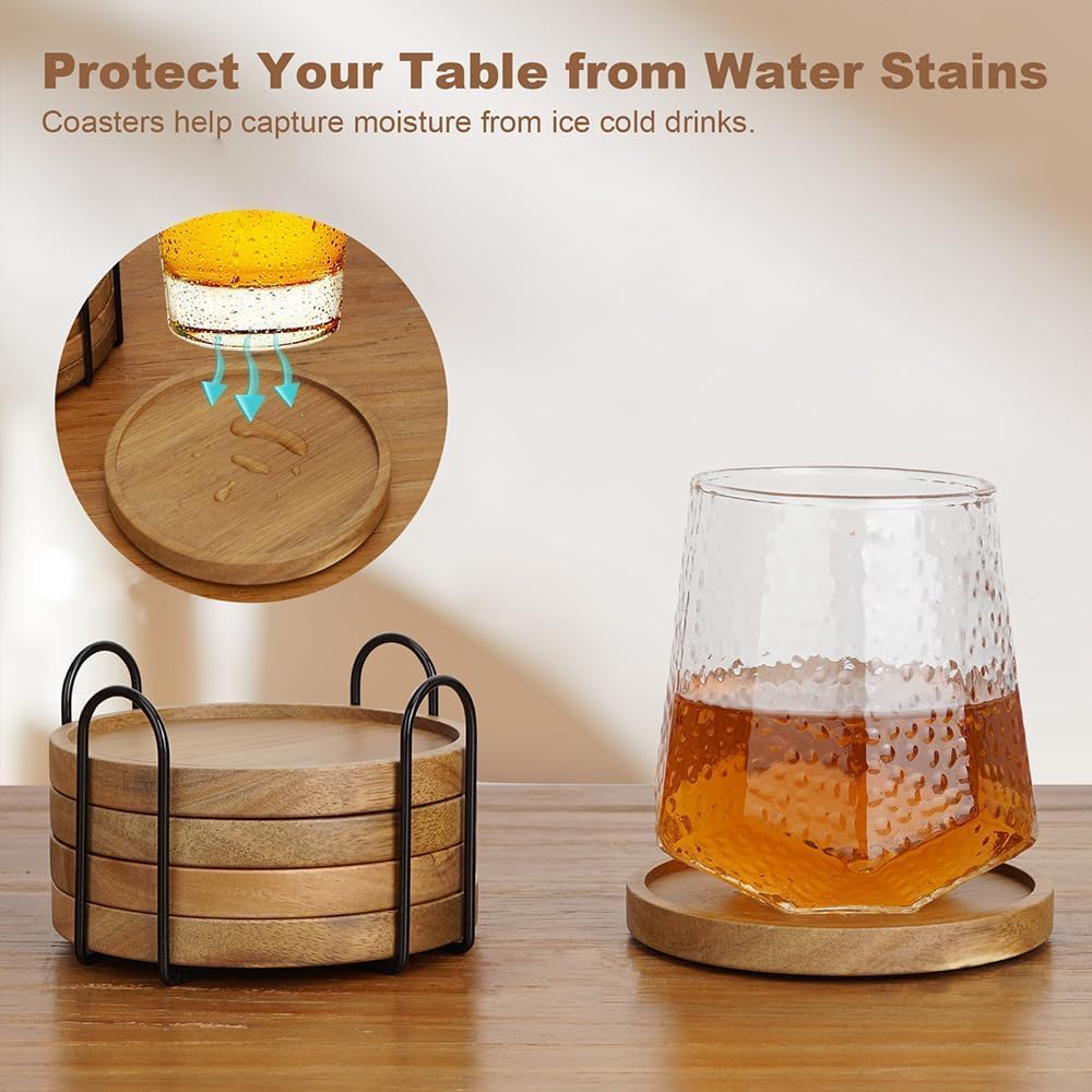 RIHLA Acacia Wood Coasters with Lip, Set of 5 with Holder - Elegant and Functional Wooden Drink Coasters for Home Coffee Table & Office - Image 4