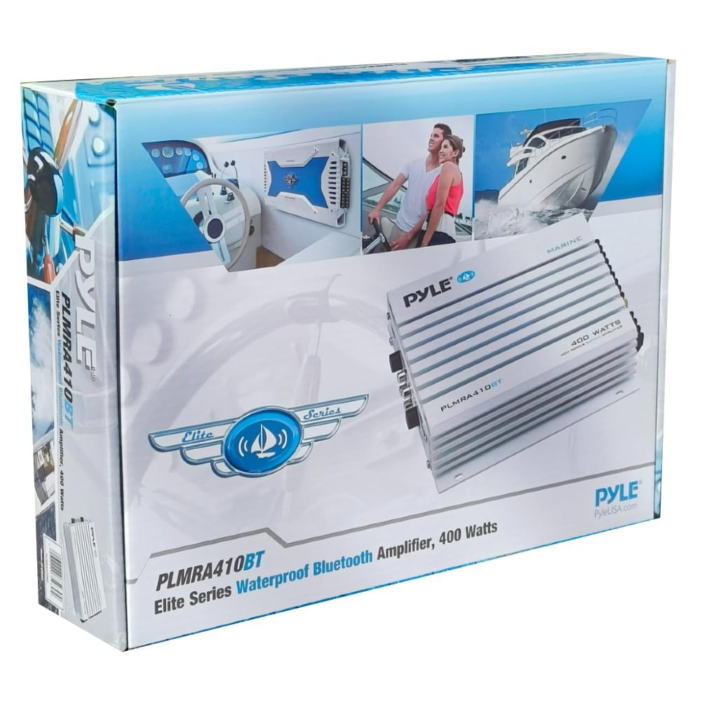 KIT SET PARA PYLE PLMRA410BT 1 Amplificador marino de 4 canales, clase AB, 4 x 100 vatios máx., impermeable, conectividad Bluetooth 2.1, para piscinas, barcos, embarcaciones, 1 pieza + cables gratis
