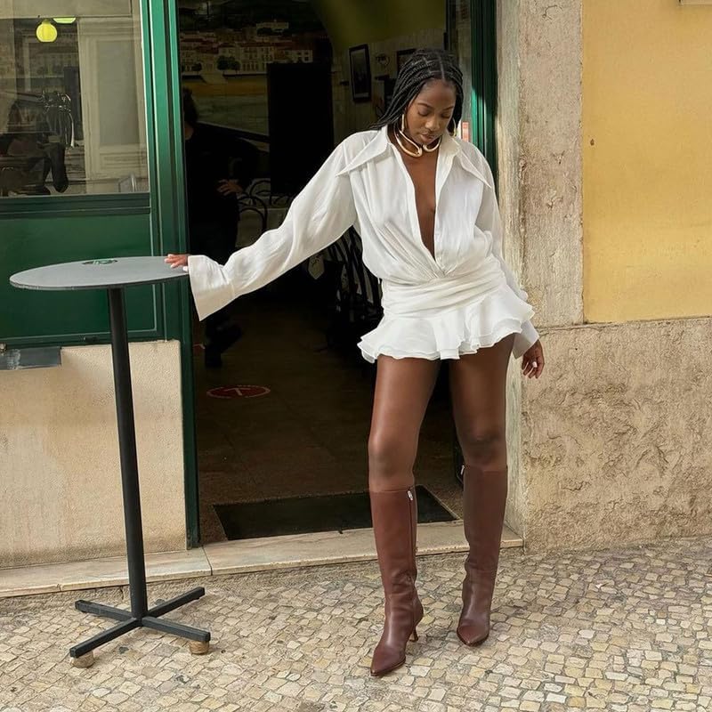 Modatope Knee High Boots Kitten Low Heel Faux Leather Pointed Toe Side Zipper Fall Long Tall Boots for Women - Image 6