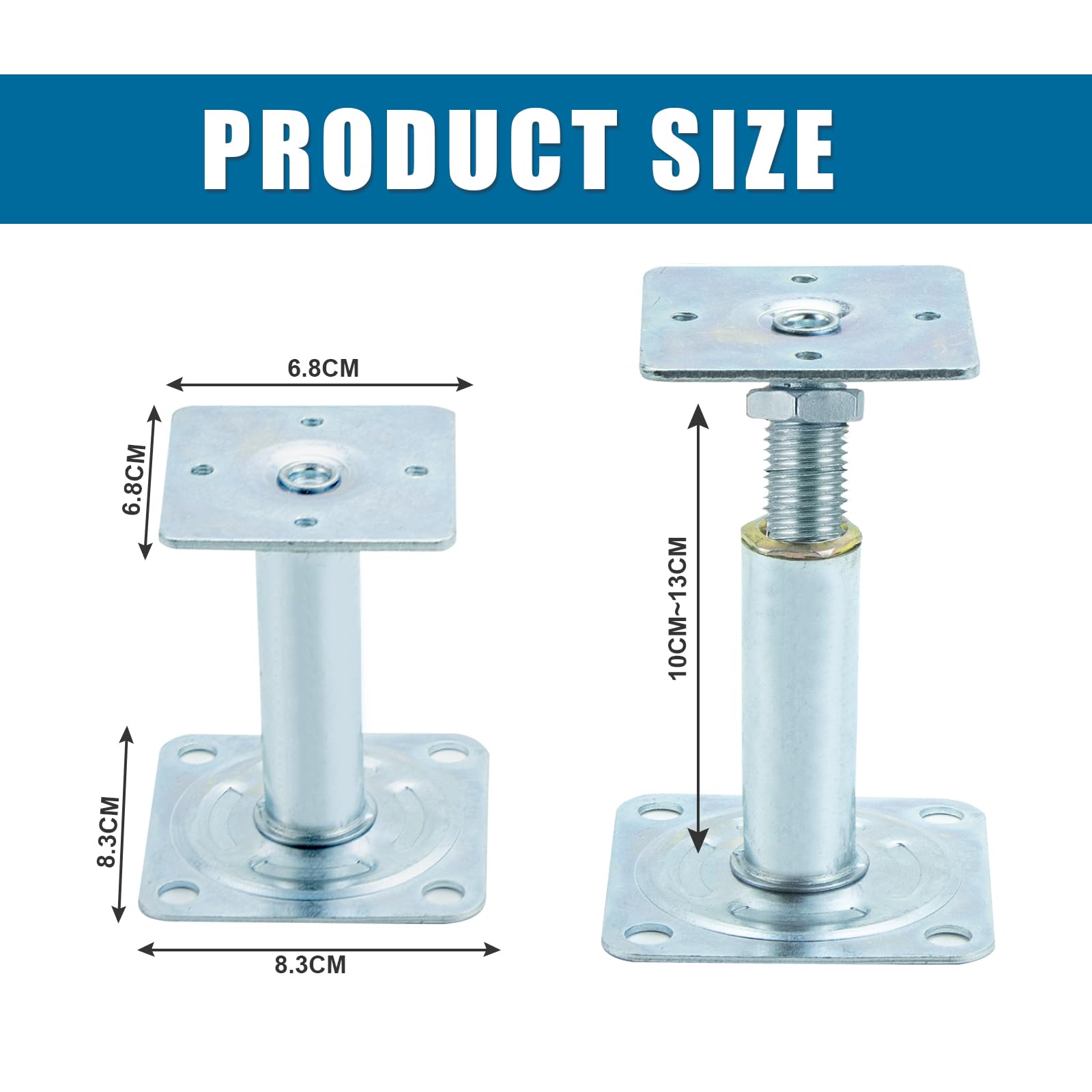 Adjustable Floor Supports 100-130 mm, 4 Pieces Raised Post Supports in Thickened Galvanised Steel - Image 2