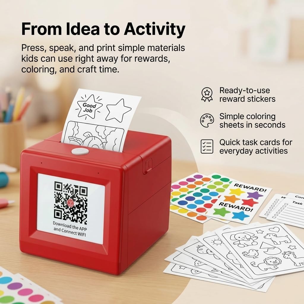 Mini Sticker Printer for Kids, Inkless Thermal Sticker Maker with Screen Preview, Portable WiFi Kids Thermal Printer for Reward Stickers, Coloring Sheets & DIY Craft Activities