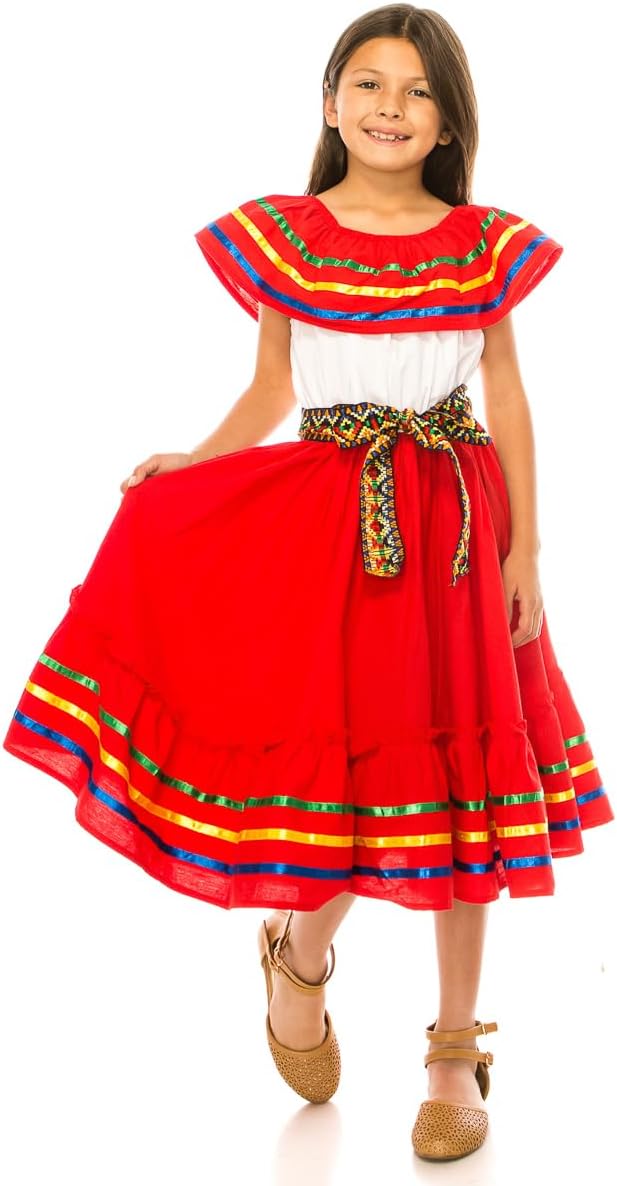 Girls Mexican Folkloric Dress for Cinco De Mayo, Birthday, and Fiesta Costume with Colorful Ribbon Trim and Embroidered Sash