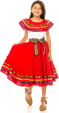 Girls Mexican Folkloric Dress for Cinco De Mayo, Birthday, and Fiesta Costume with Colorful Ribbon Trim and Embroidered Sash