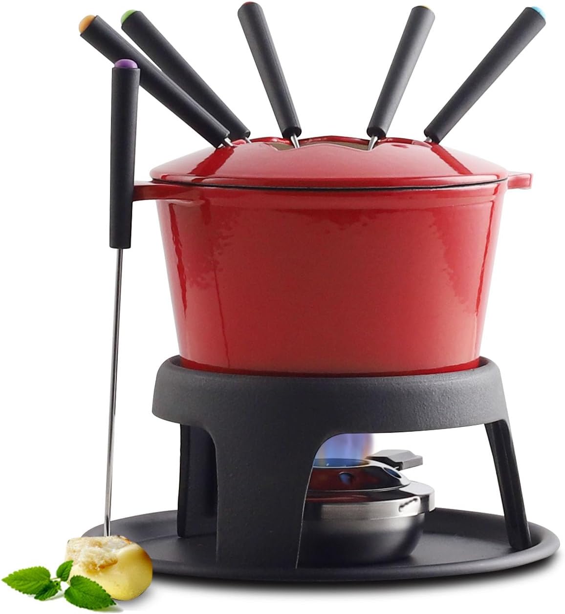 Artestia Cast Iron Fondue Set, 11-Piece, Serve 6 Persons (Red)