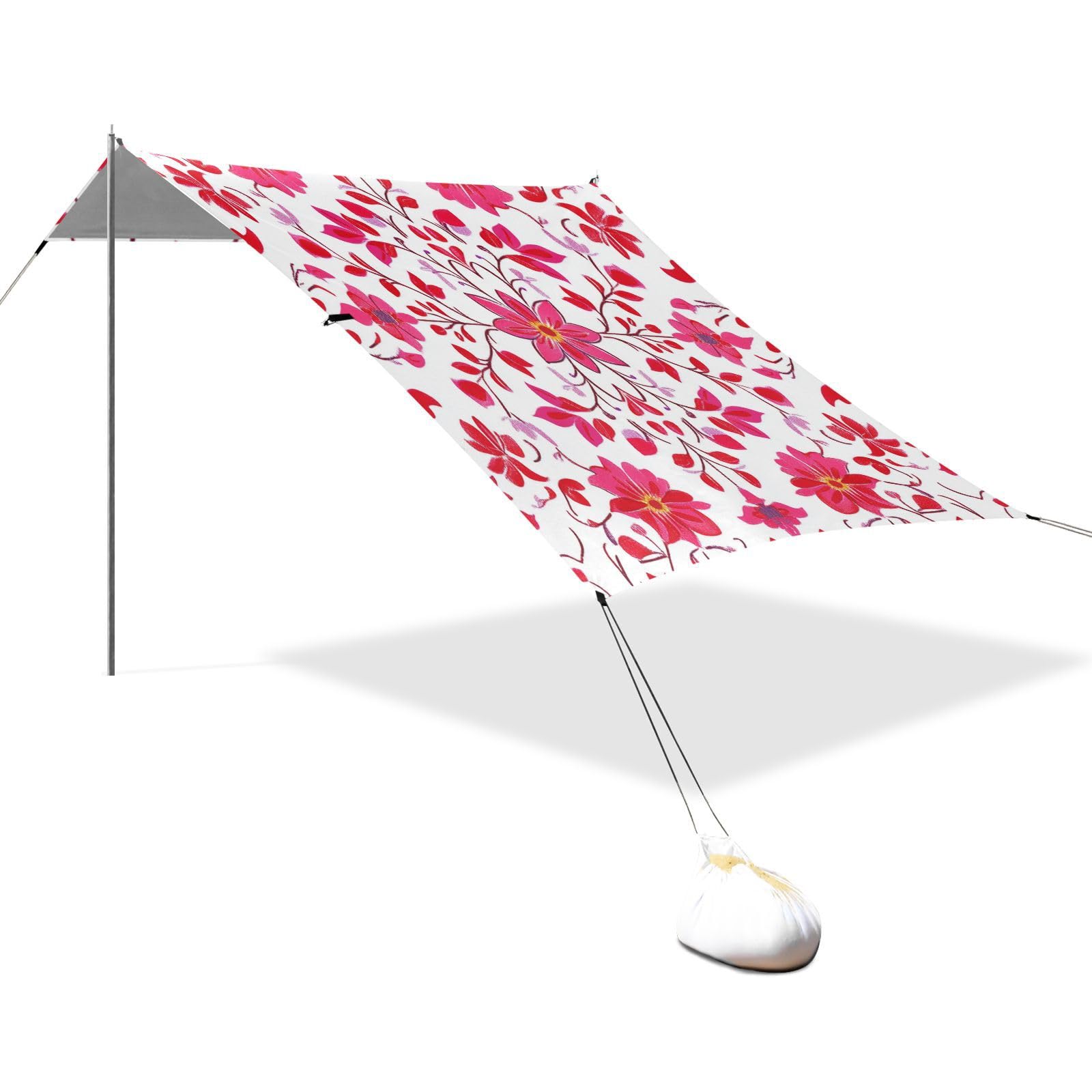 Floral Pattern Beach Tent UPF50 Easy Setup Outdoor Sun Shade with Sand Shovel, Sandbags for Backyard and Camping