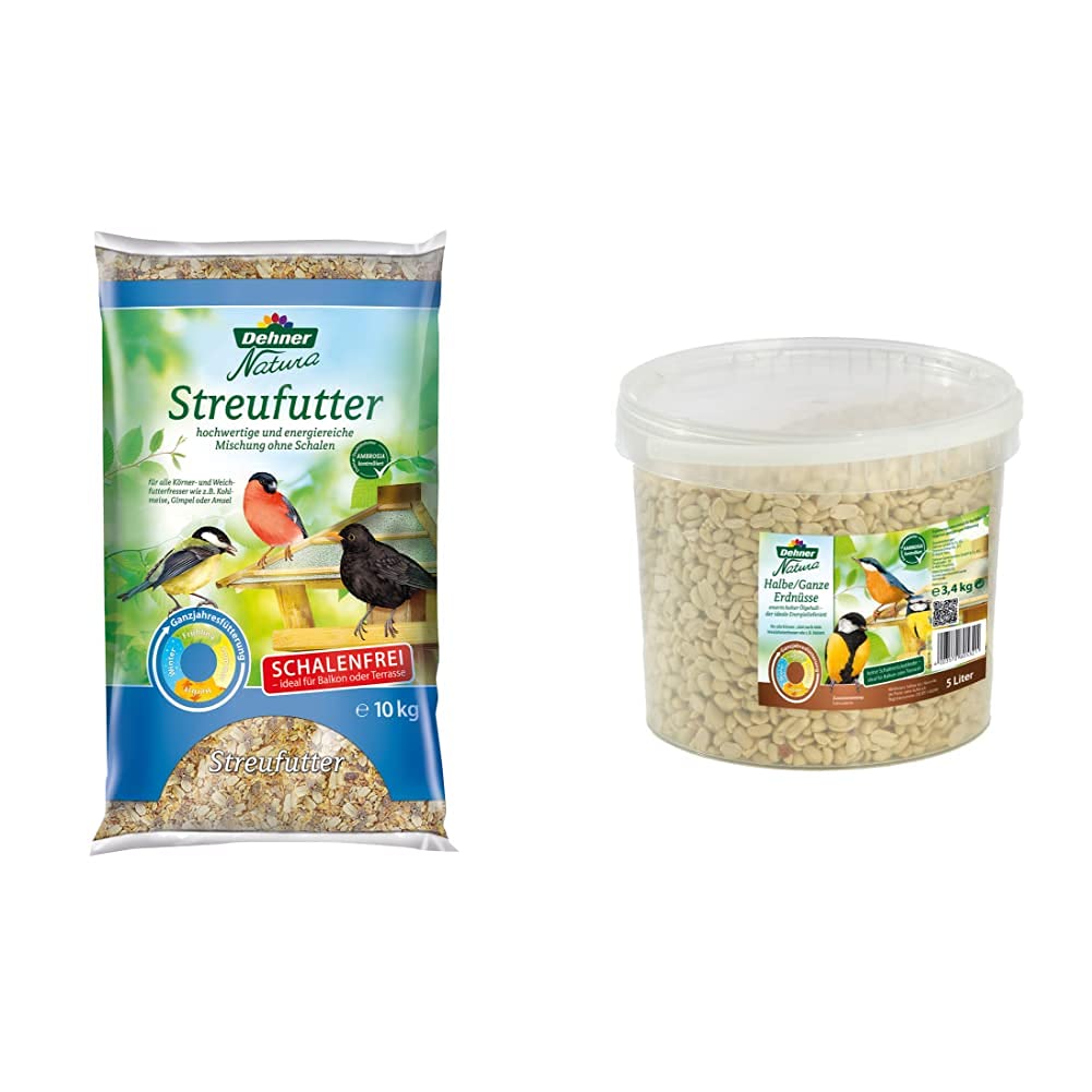 Dehner Natura Wildvogelfutter, schalenfreies Streufutter, 10 kg & Natura Wildvogelfutter, halbe/ganze Erdnüsse, 5 l (3.4 kg)