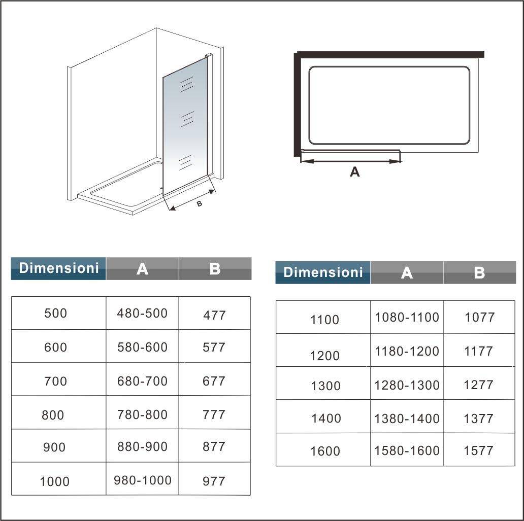 Walk-in 60x200cm ; Barra Tagliabile 140cm, piatto doccia 90x70cm