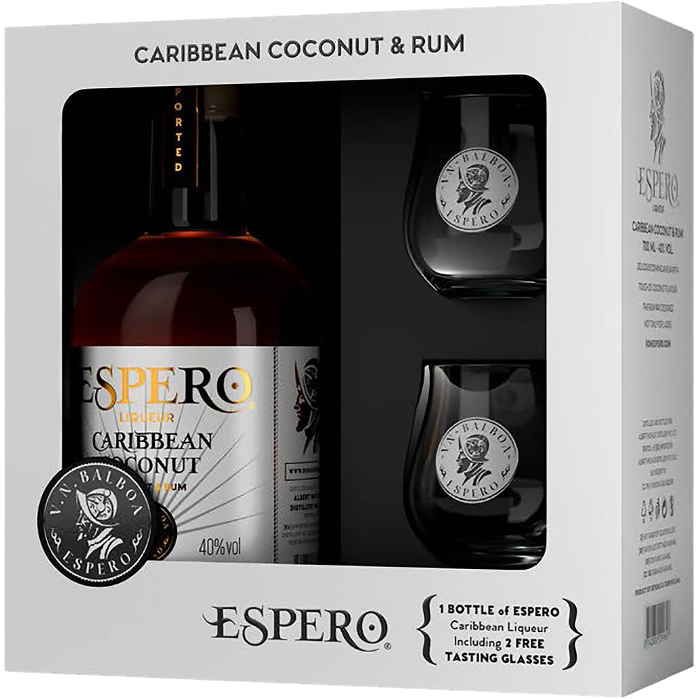 Vorratspack 3 x 0,7 l - Espero Caribbean Rum Geschenkset 3er Pack - Orange, Coconut & Banana Likoer Boxen - Exotisches Tasting Set inklusive insgesamt 6 Glaesern