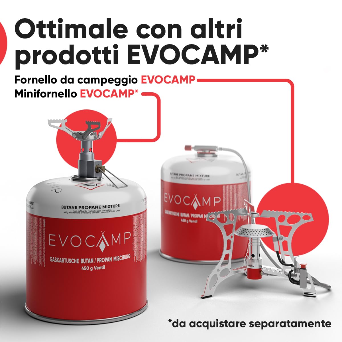 EVOCAMP Cartuccia di gas propano butano da 450g, cartuccia a vite con filettatura europea 7/16", bombola di gas a valvola da 809ml, bombolette di gas utilizzabile per griglie Weber (12X)
