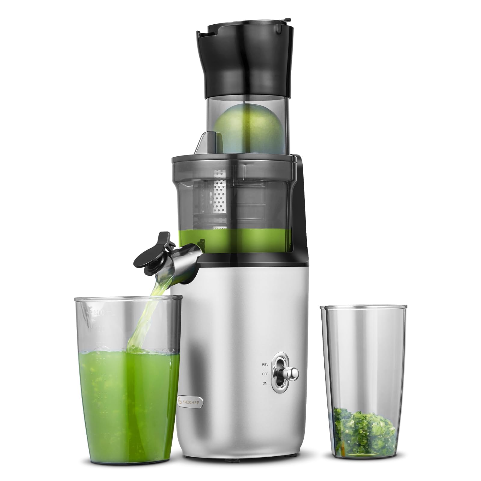 AMZCHEF Extracteur de Jus Entiers pour Légumes et Fruits, Vis Améliorée, Filtre Double Couche, Moteur Silencieux – Gris