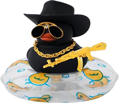 wonuu Car Ornament Rubber Duck, for Car Dashboard Decoration Accessories with Hat Swim Ring Necklace Sunglasses, A_Black&Black Cowboy Hat&Transparent