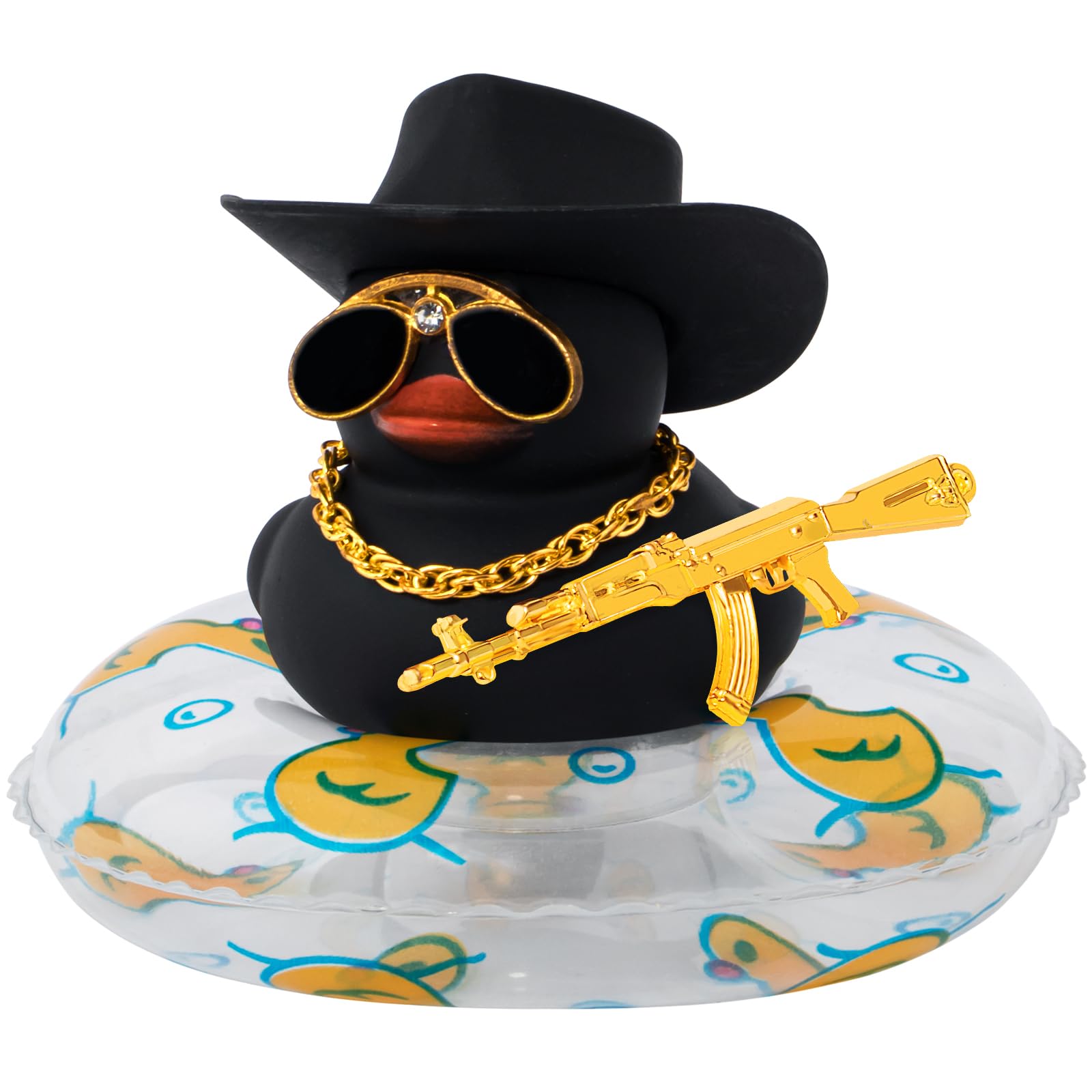 wonuu Car Ornament Rubber Duck, for Car Dashboard Decoration Accessories with Hat Swim Ring Necklace Sunglasses, A_Black&Black Cowboy Hat&Transparent