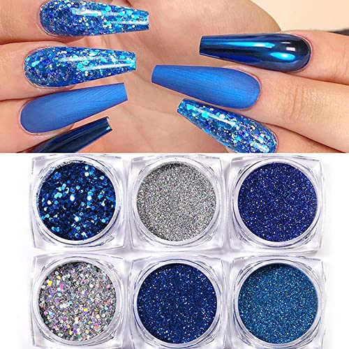 6 Boxes Holographic Nails Glitter Powder Nail Art Supplies Metallic Shining Flakes Blue Silver Nail Glitter Set For Nails Art Decoration #TOP1