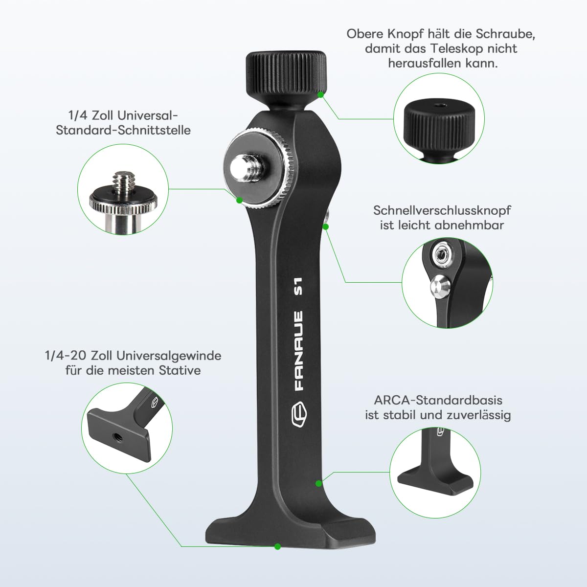 FANAUE Adaptateur de trépied pour jumelles avec filetage 1/4-20", compatibilité avec les jumelles Porro et les têtes sphériques Arca, adaptateur universel pour l'observation des oiseaux, la chasse