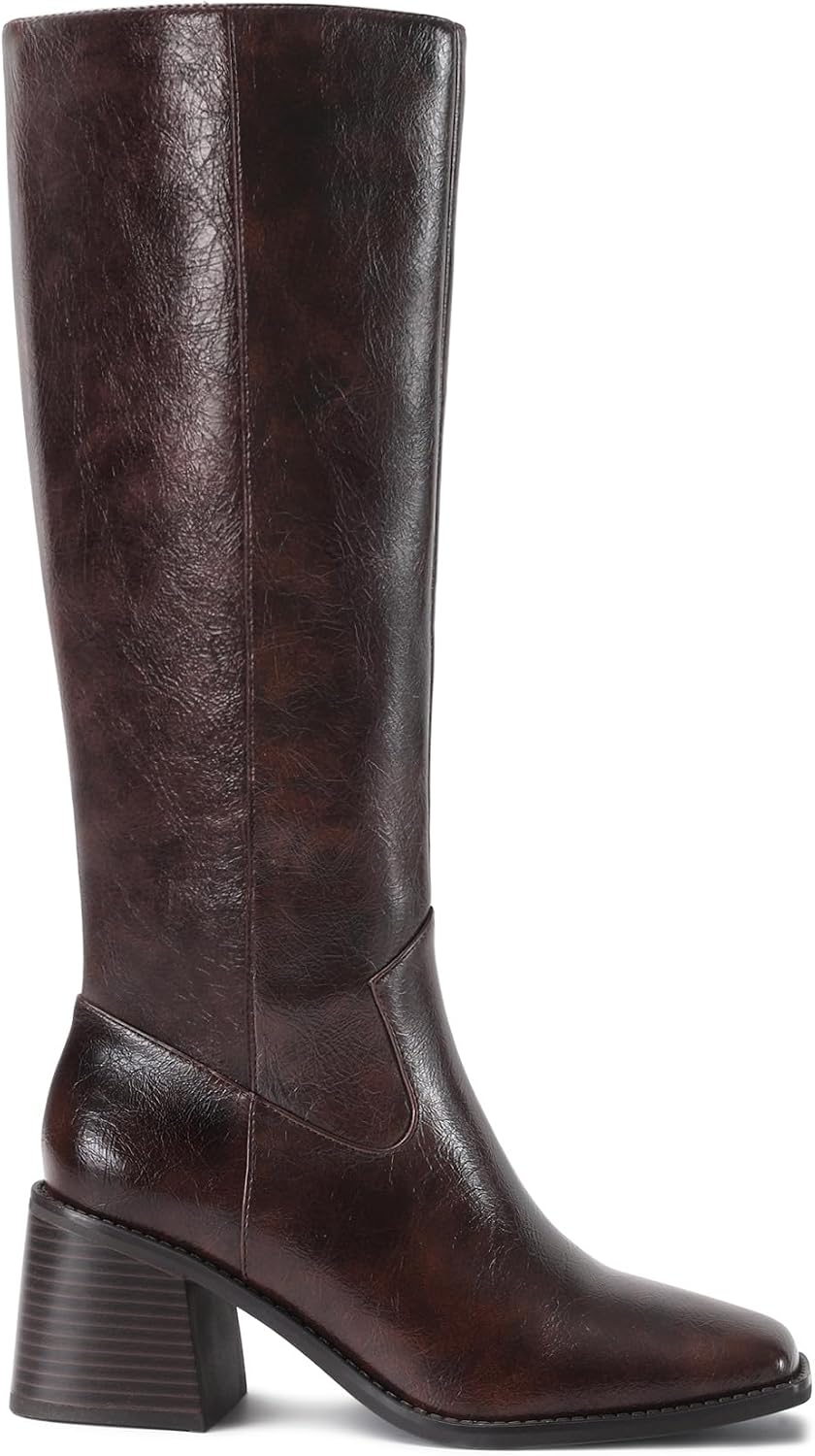 Knee High Boots for Women, Squared Toe Chunky Heel Tall Boots