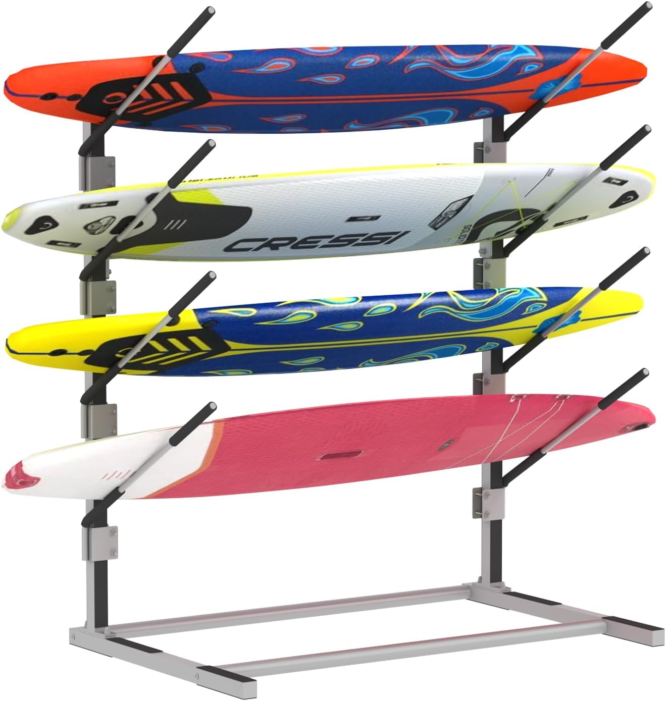 4-Tier Freestanding Surfboard Rack, Watersport Kayak and SUP Rack with Two Silicone Mat, Kayak Storage Rack for SUP, Surfboard, Paddle, Ski, Skateboards 4-Tier Freestanding Surfboard Rack, Watersport Kayak and SUP Rack with Two Silicone Mat, Kayak Storage Rack for SUP, Surfboard, Paddle, Ski, Skateboards