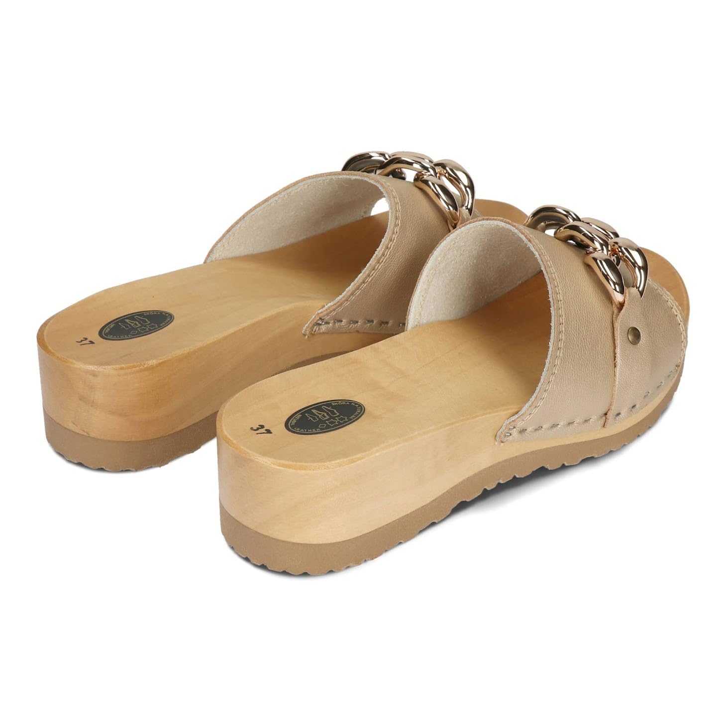 BeComfy Sabots en Bois pour Femme avec chaîne Chaussures Ouvertes en Cuir, Sabots de Jardin, Chaussons, Mules Tailles 36-41 EU