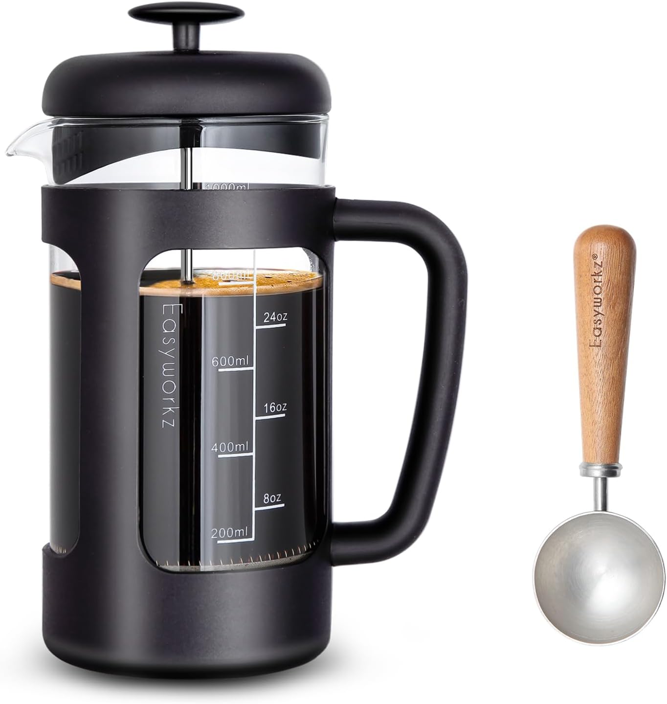 Easyworkz French Press 34 oz Coffee Tea Maker, Bundled with Retro Stainless Steel 10g Measuring Coffee Spoon, Silver