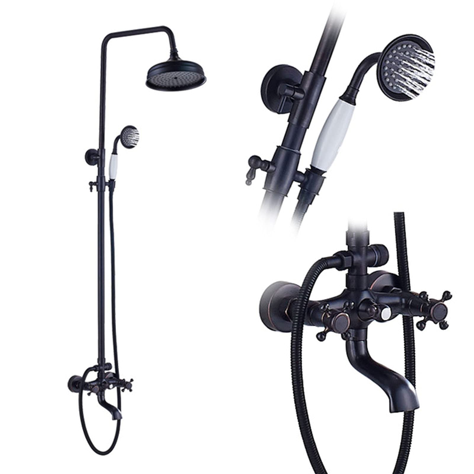CWCQGH Shower Mixer Set Black Bronze, Brass 8" Rainfall Shower Head with Hand Shower, Dual Cross Handles Clawfoot Bathtub Faucet, Triple Function Shower System